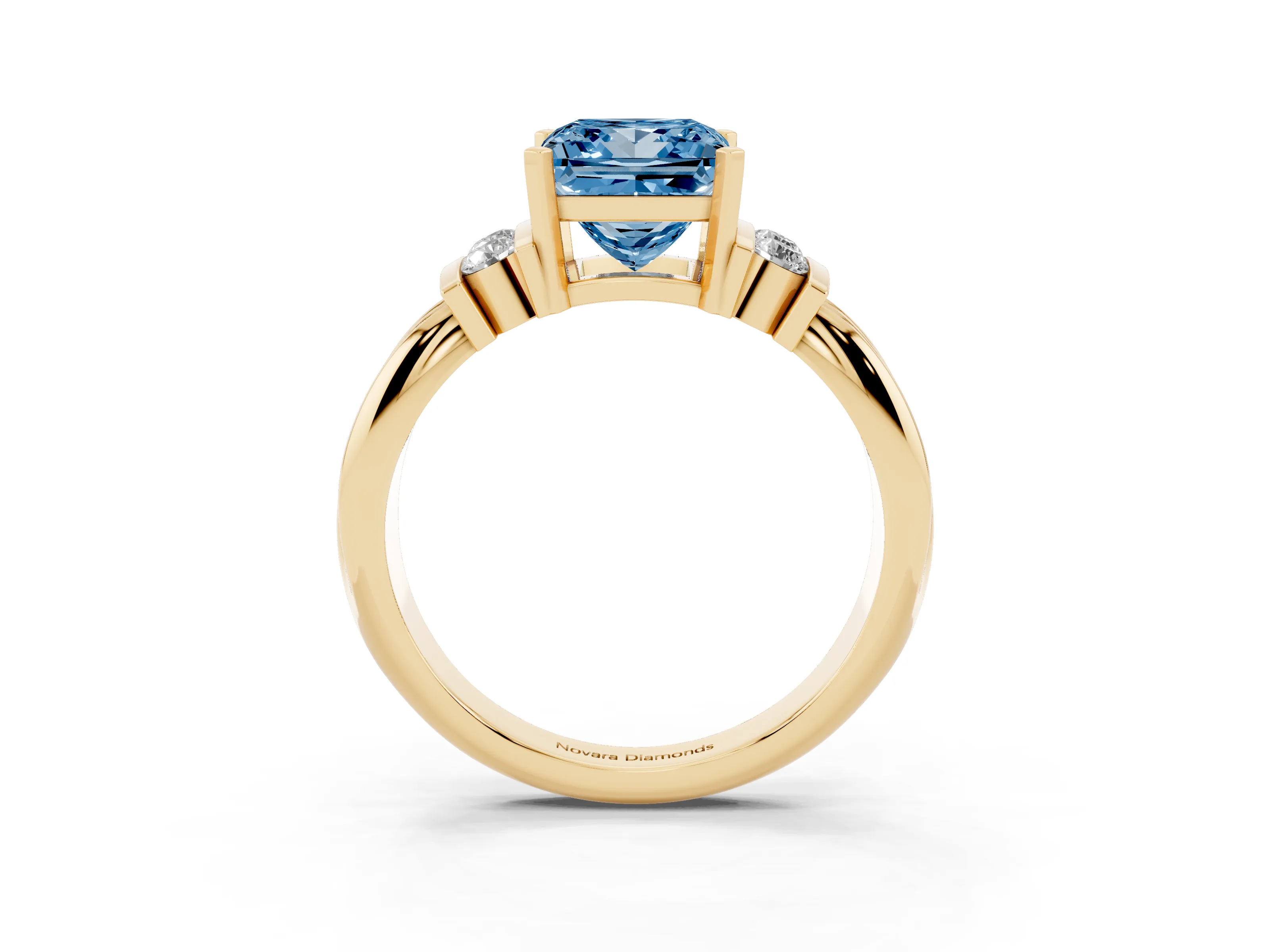 Fancy Blue Three-Stone Princess Cut Diamond Channel Set Ring Set in Yellow gold with Bar Prongs