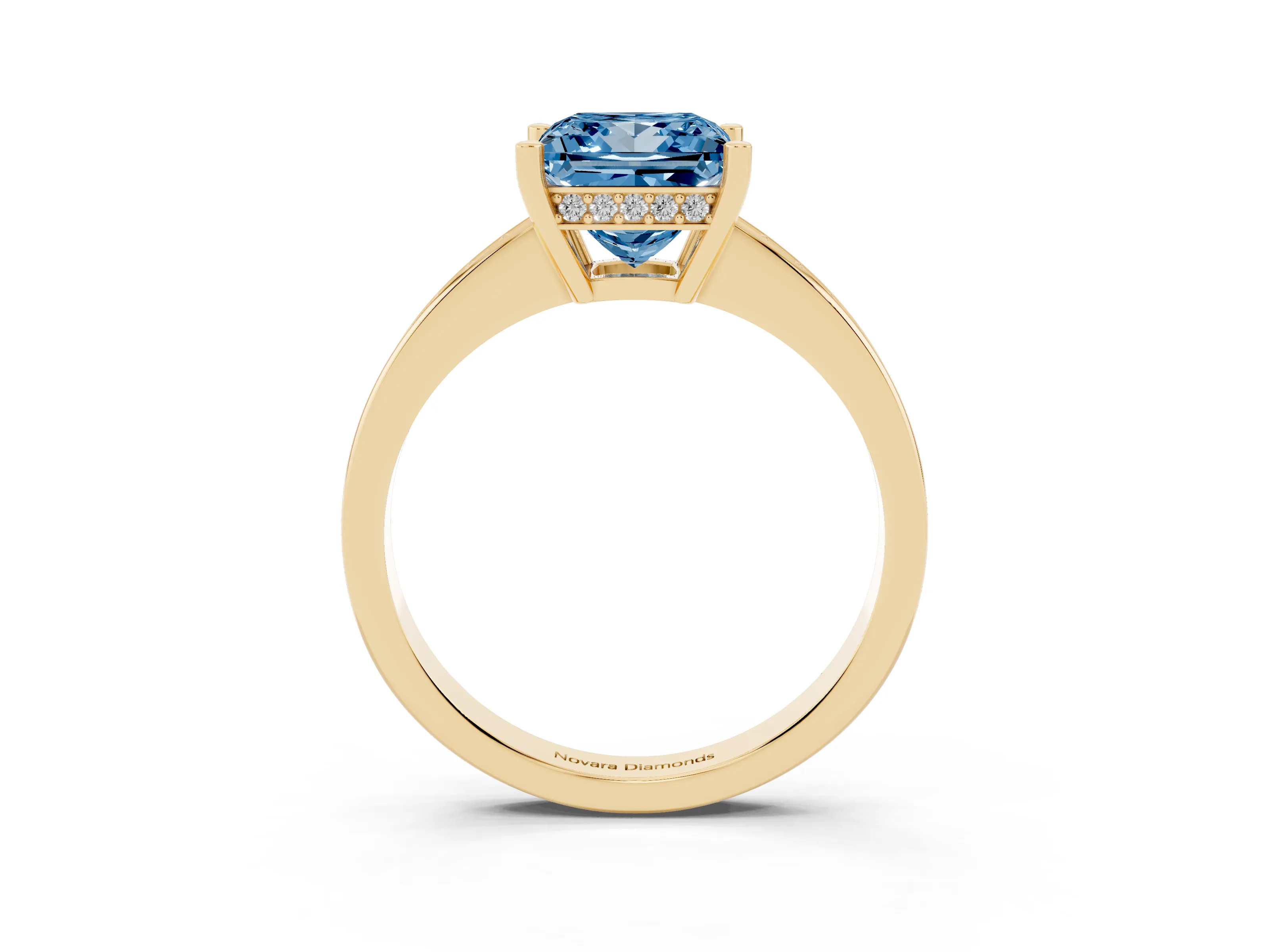 Fancy Blue Princess Cut Diamond Pavé Band Prong Set Solitaire Ring Set in Yellow gold