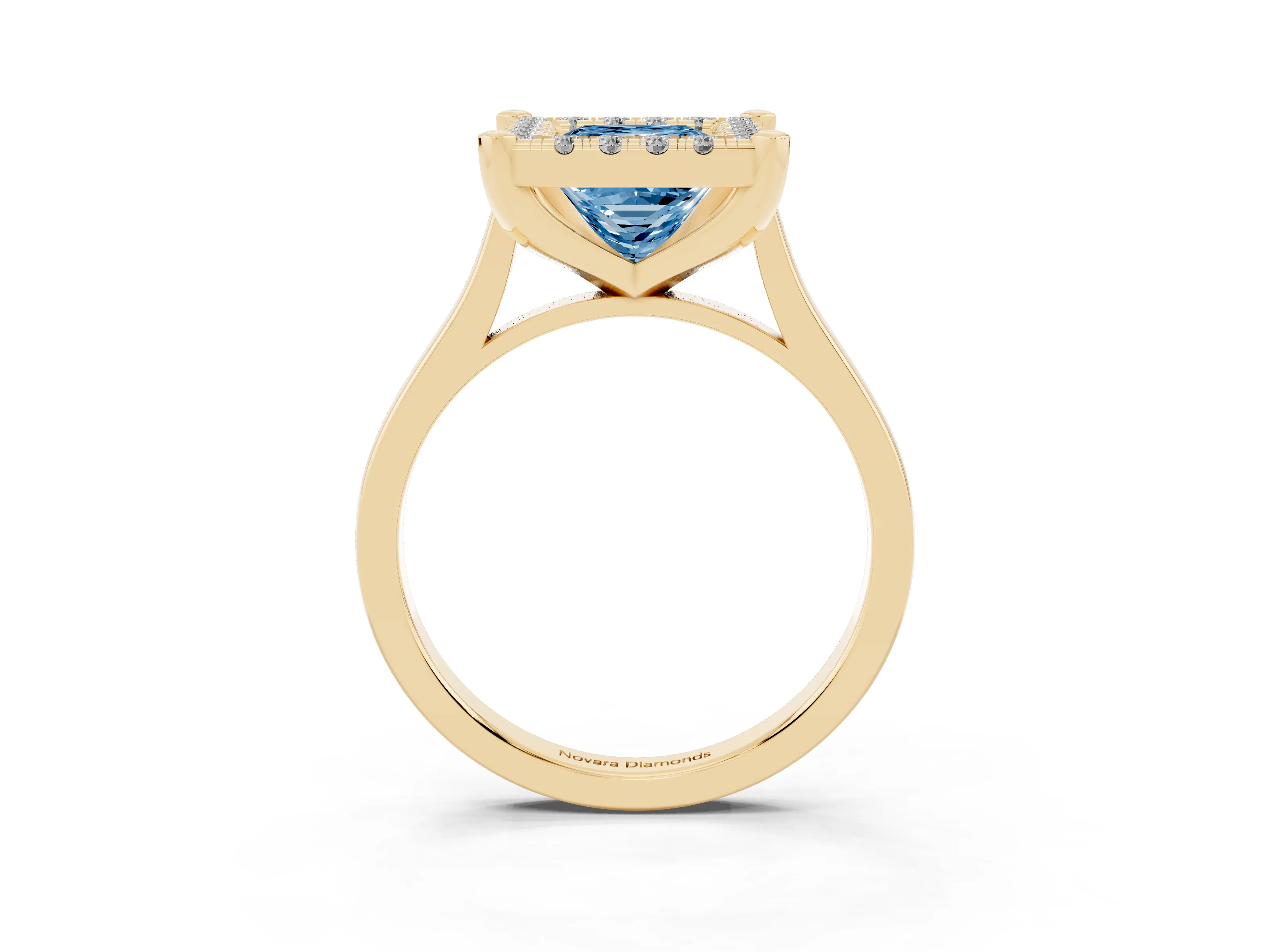 Fancy Blue Princess Cut Diamond Cluster Halo Solitaire Ring Set in Yellow gold with Prong Setting