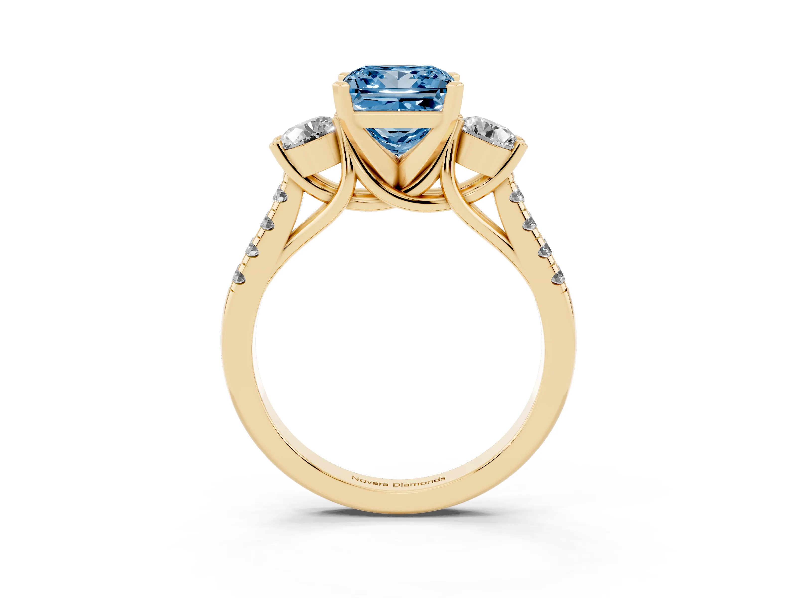 Fancy Blue Three-Stone Princess Cut Diamond Pavé Band Ring Set in Yellow gold with Prong-Set Trio
