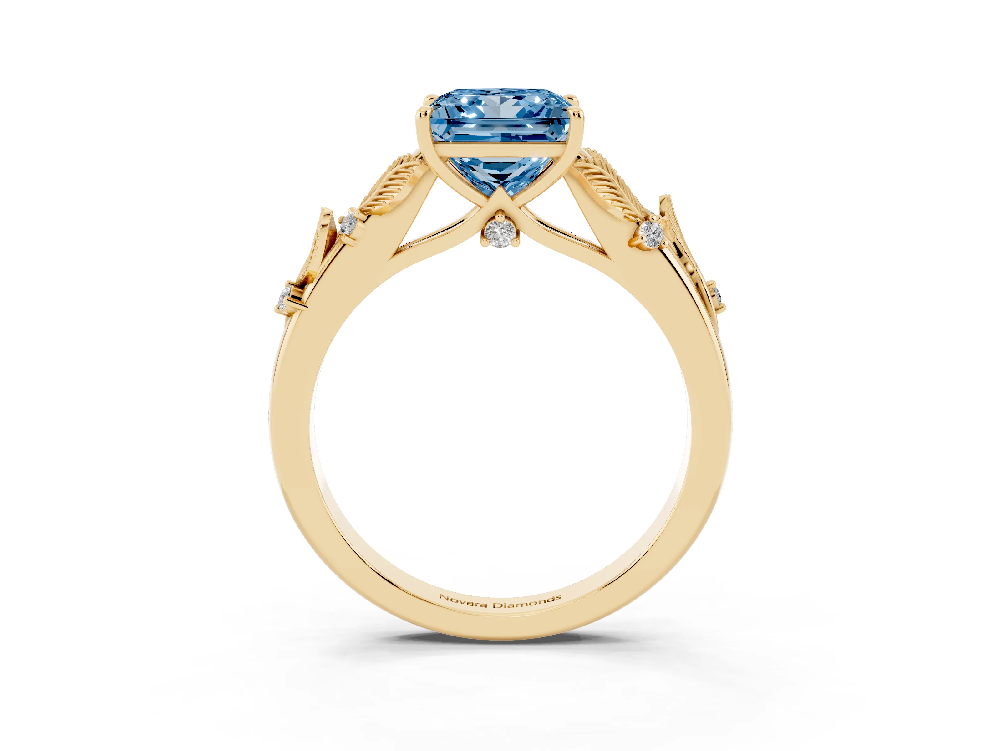 Fancy Blue Princess Cut Diamond Solitaire Ring Set in Yellow gold with Leaf Motif Band