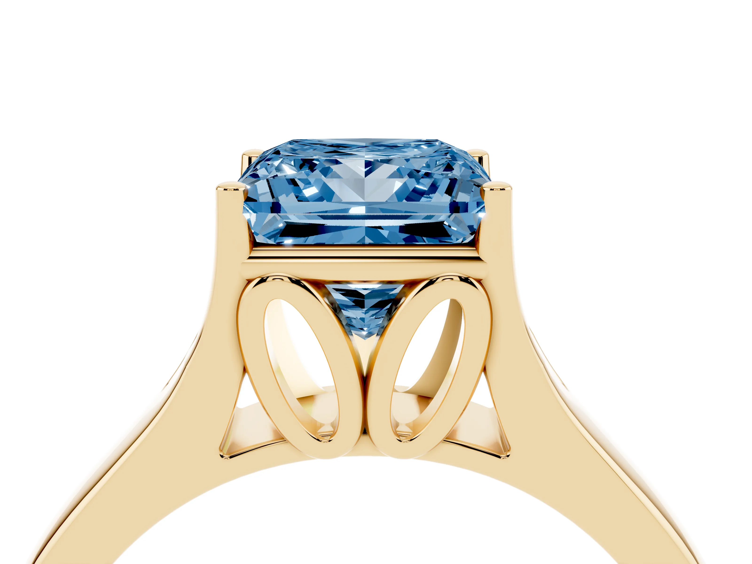 Fancy Blue Princess Cut Diamond Solitaire Ring Set in Yellow gold with Arched Cathedral Band and Prong Setting