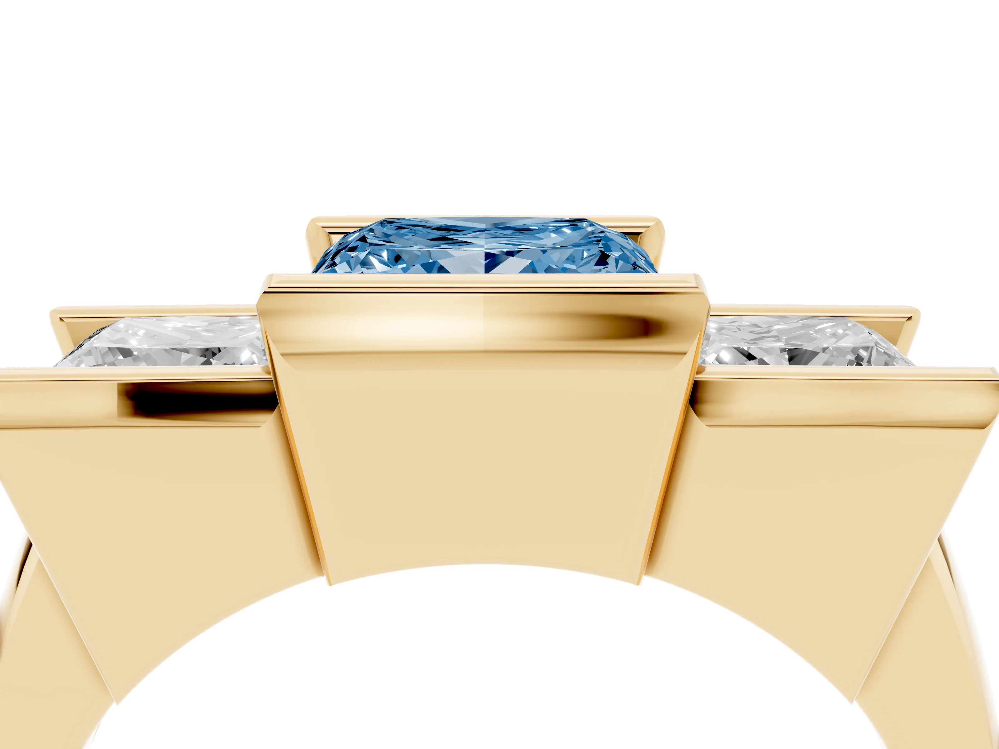 Fancy Blue Princess Cut Diamond Three-Stone Channel Set Ring Set in Yellow gold with Smooth Polished Band