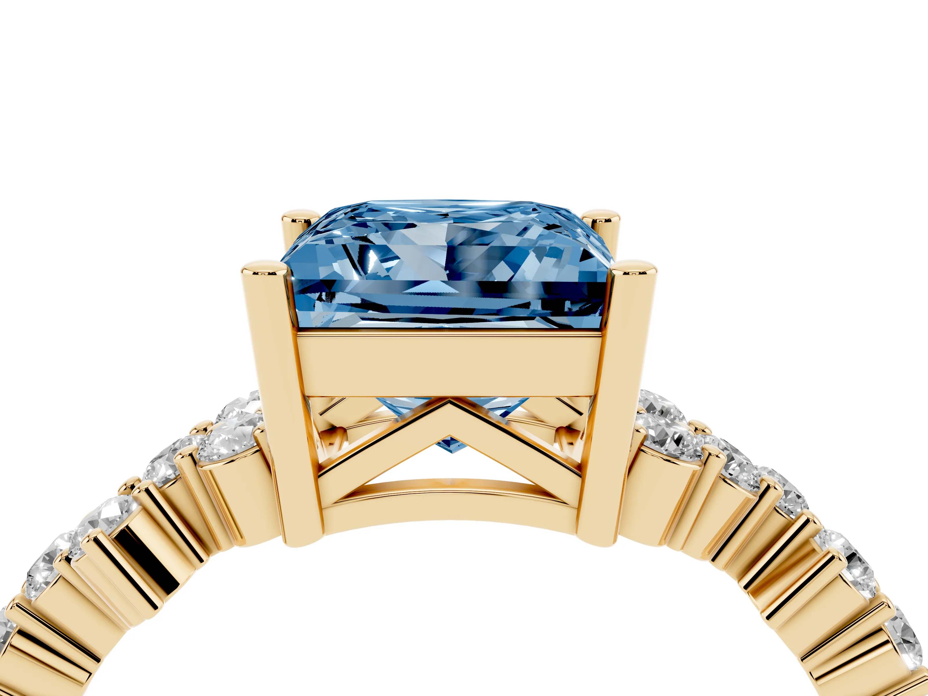 Fancy Blue Princess Cut Diamond Ring Set in Yellow gold with Scattered Round Accents