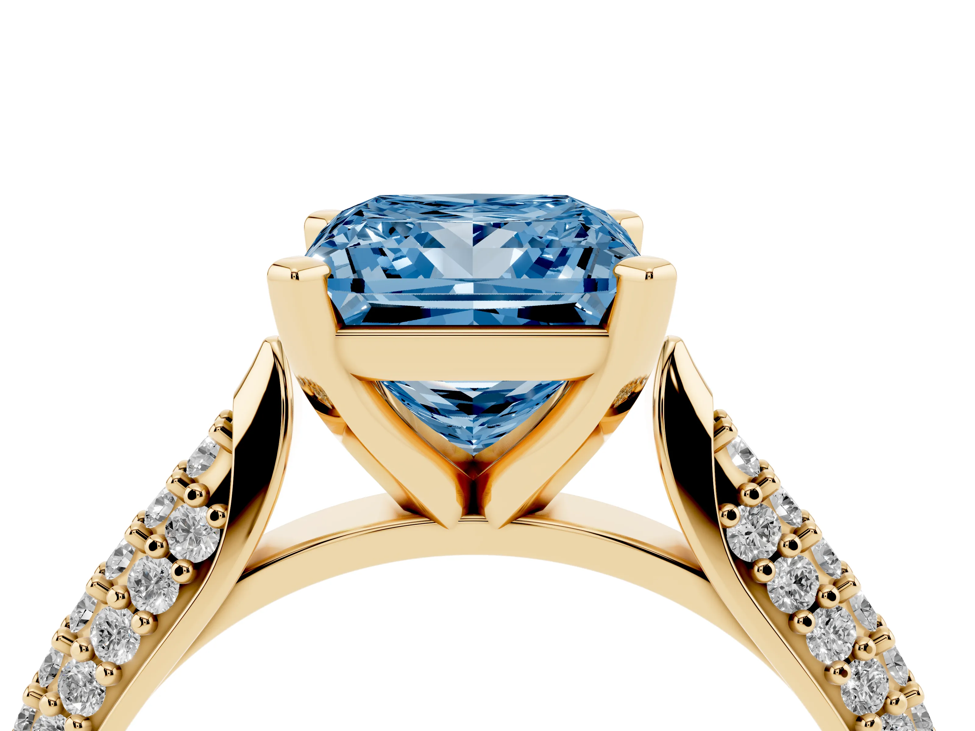 Fancy Blue Princess Cut Diamond Solitaire Engagement Ring Set in Yellow gold with Multi-Row Round Pavé Band and Prong Setting