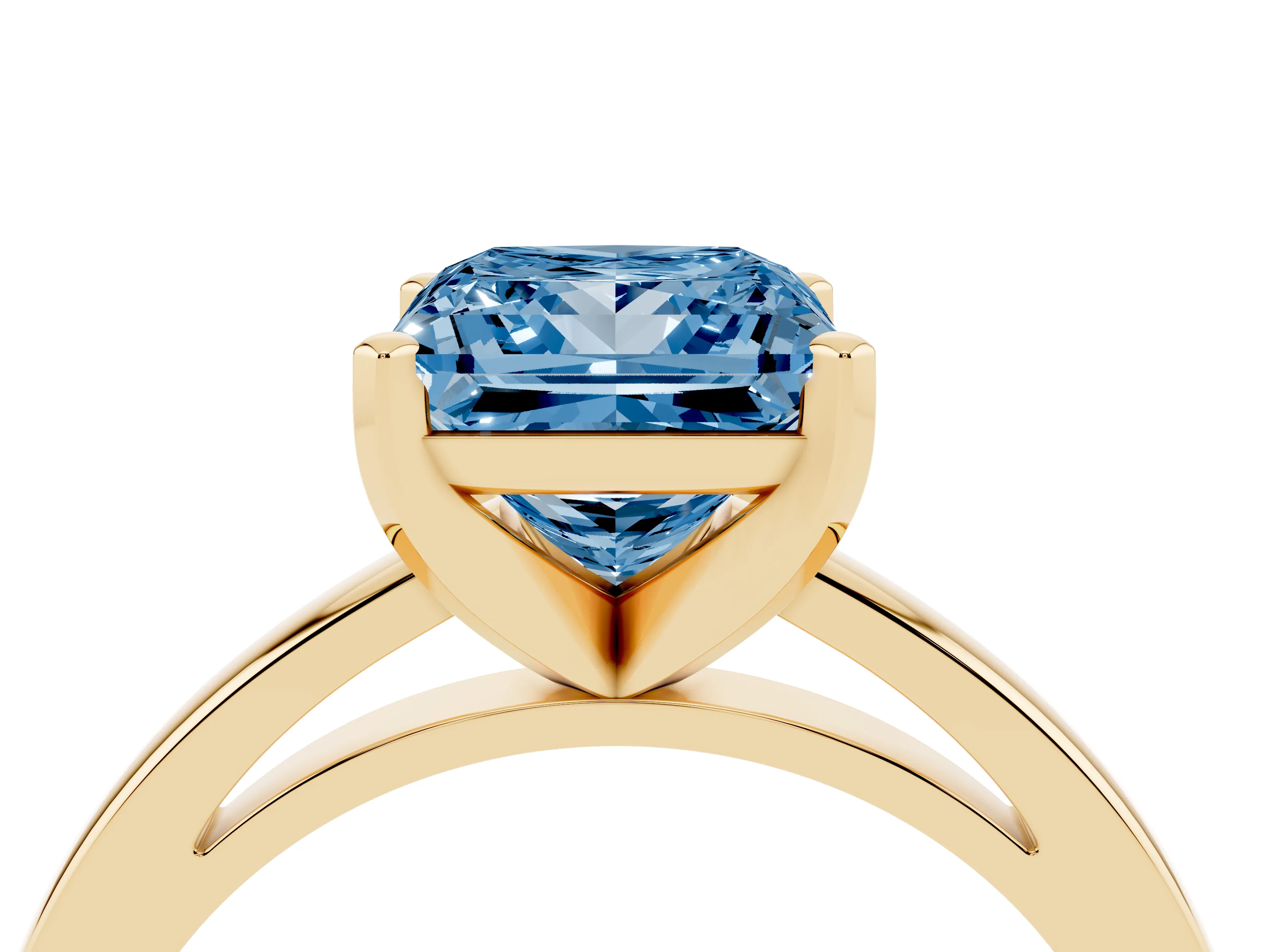 Fancy Blue Princess Cut Diamond Solitaire Engagement Ring Set in Yellow gold with Prong Setting on a Classic Band