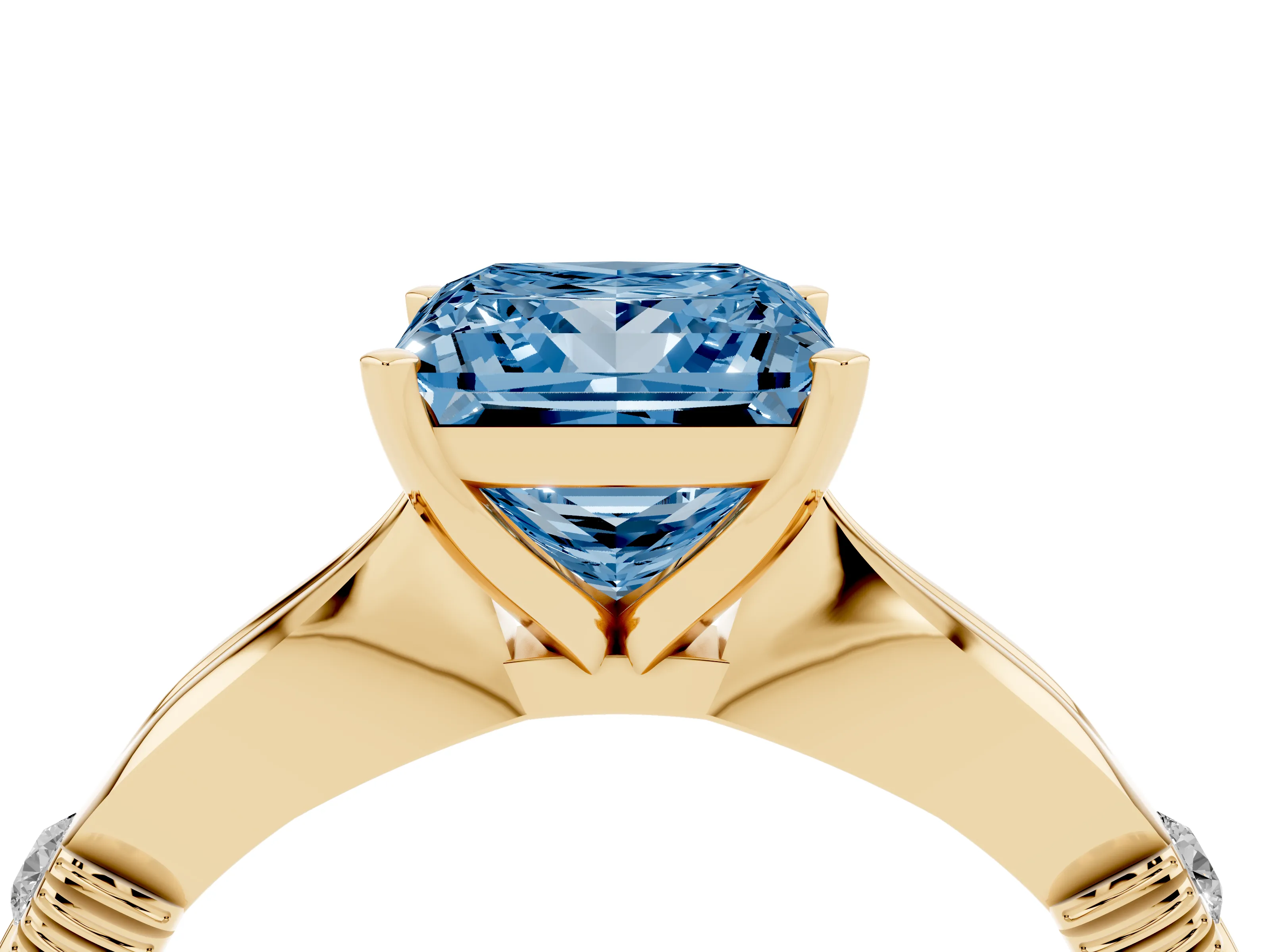 Fancy Blue Princess Cut Diamond Solitaire Twisted Band Ring Set in Yellow gold with Accent Stones and Prong Setting