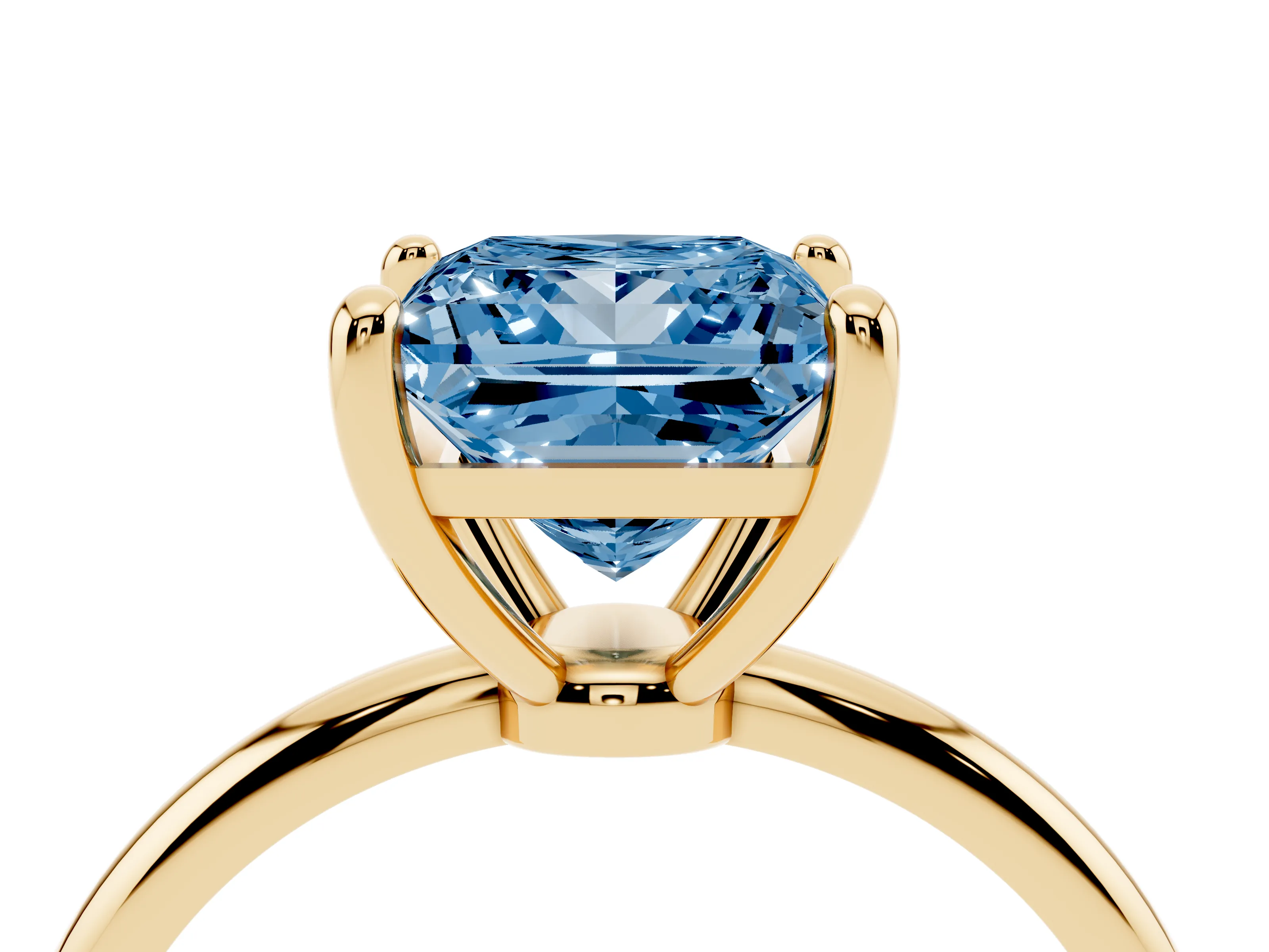 Fancy Blue Princess Cut Diamond Solitaire Ring Set in Yellow gold with Secure Prong Setting on a Classic Band