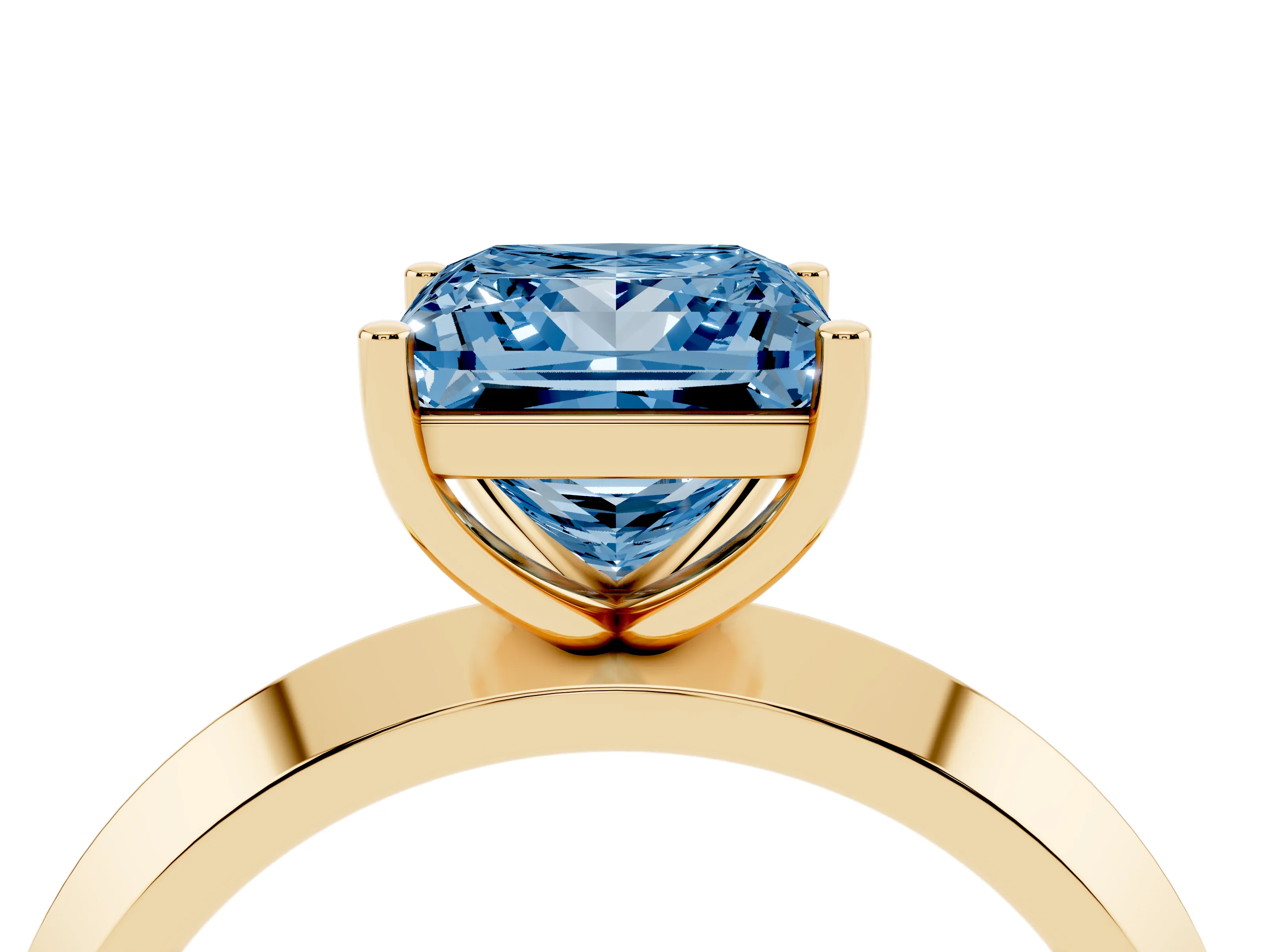 Fancy Blue Princess Cut Diamond Solitaire Engagement Ring Set in Yellow gold with Flat Band and Prong Setting