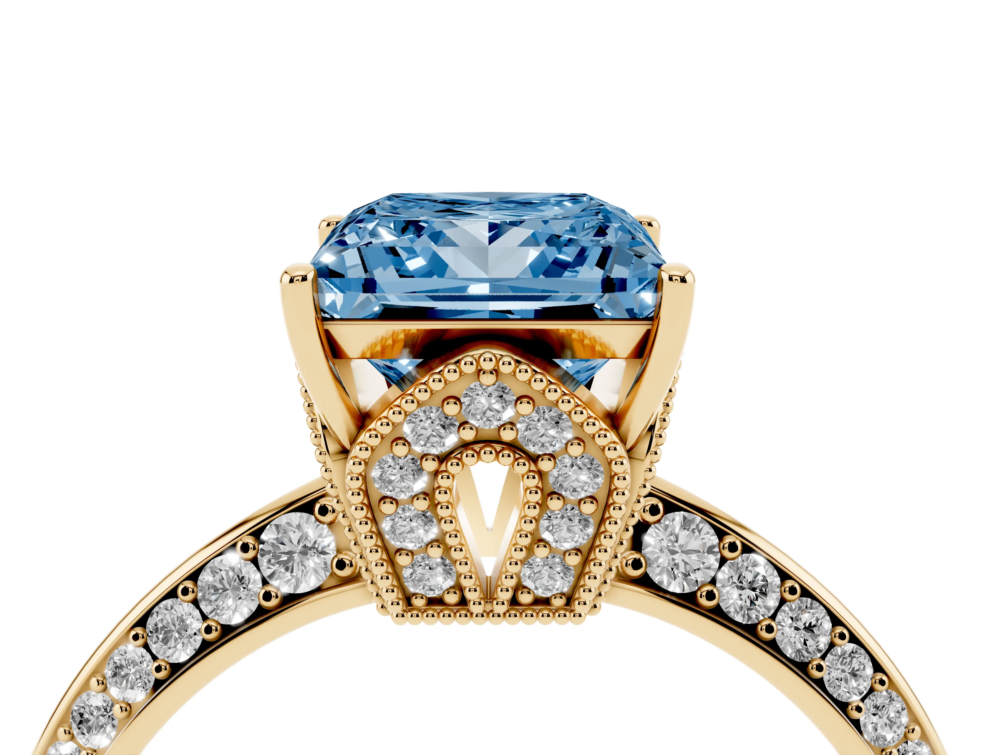 Fancy Blue Princess Cut Diamond Solitaire Engagement Ring Set in Yellow gold with Pavé Split Shank and Prong Setting