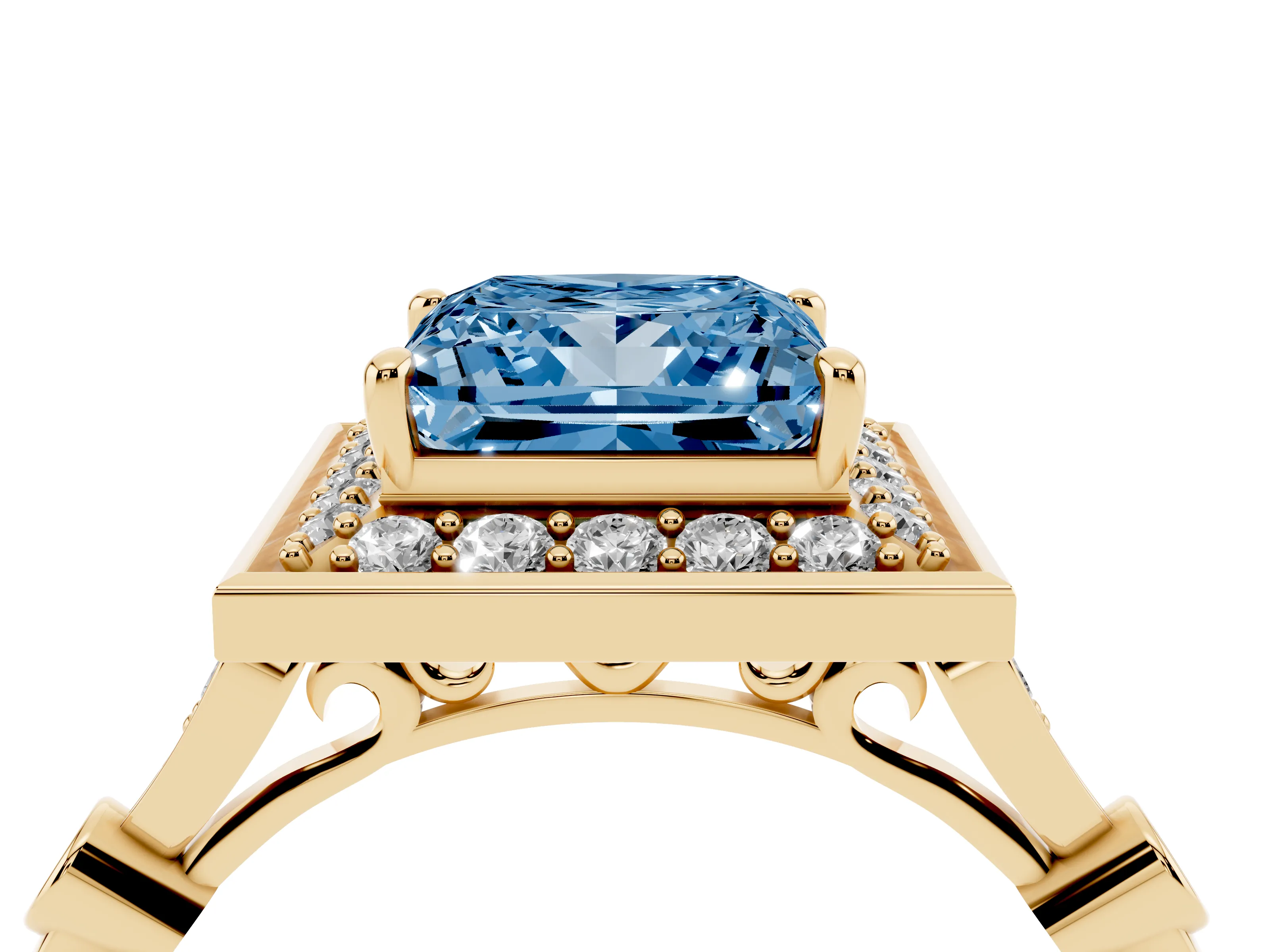 Fancy Blue Princess Cut Diamond Halo Engagement Ring Set in Yellow gold with Twisted Band and Prong Setting