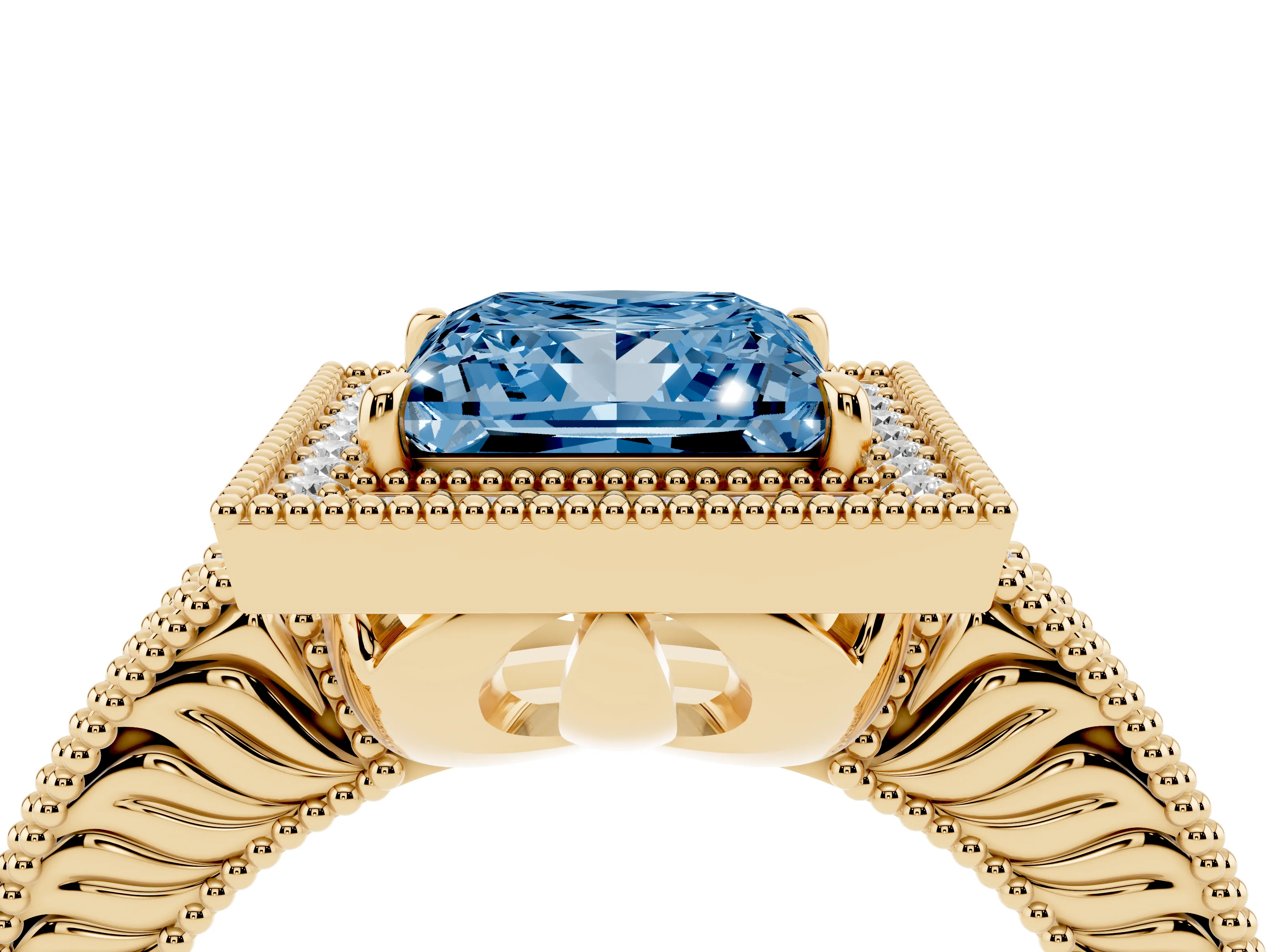 Fancy Blue Princess Cut Diamond Halo Ring Set in Yellow gold with Round Accent Halo, Pavé Band and Prong Setting