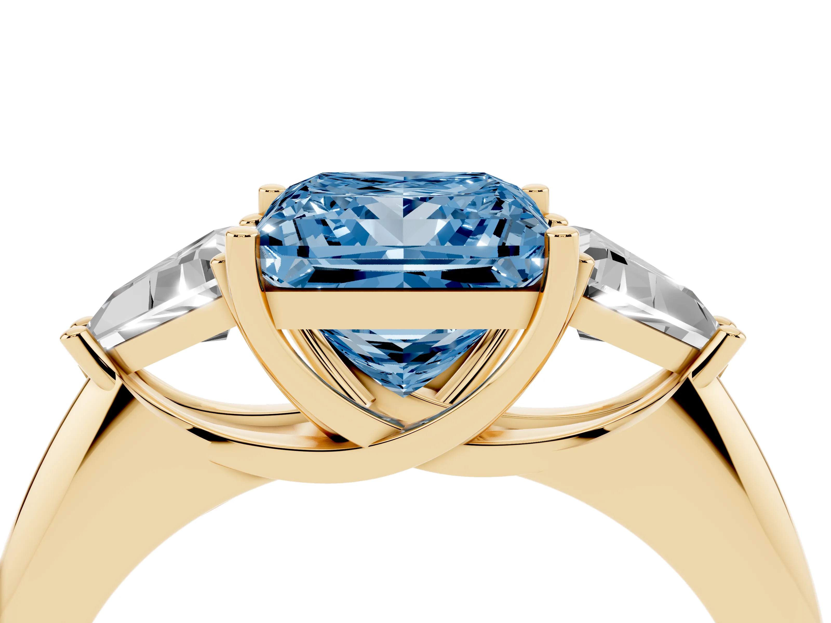 Fancy Blue Princess Cut Diamond Three-Stone Engagement Ring Set in Yellow gold with Trillion Side Stones