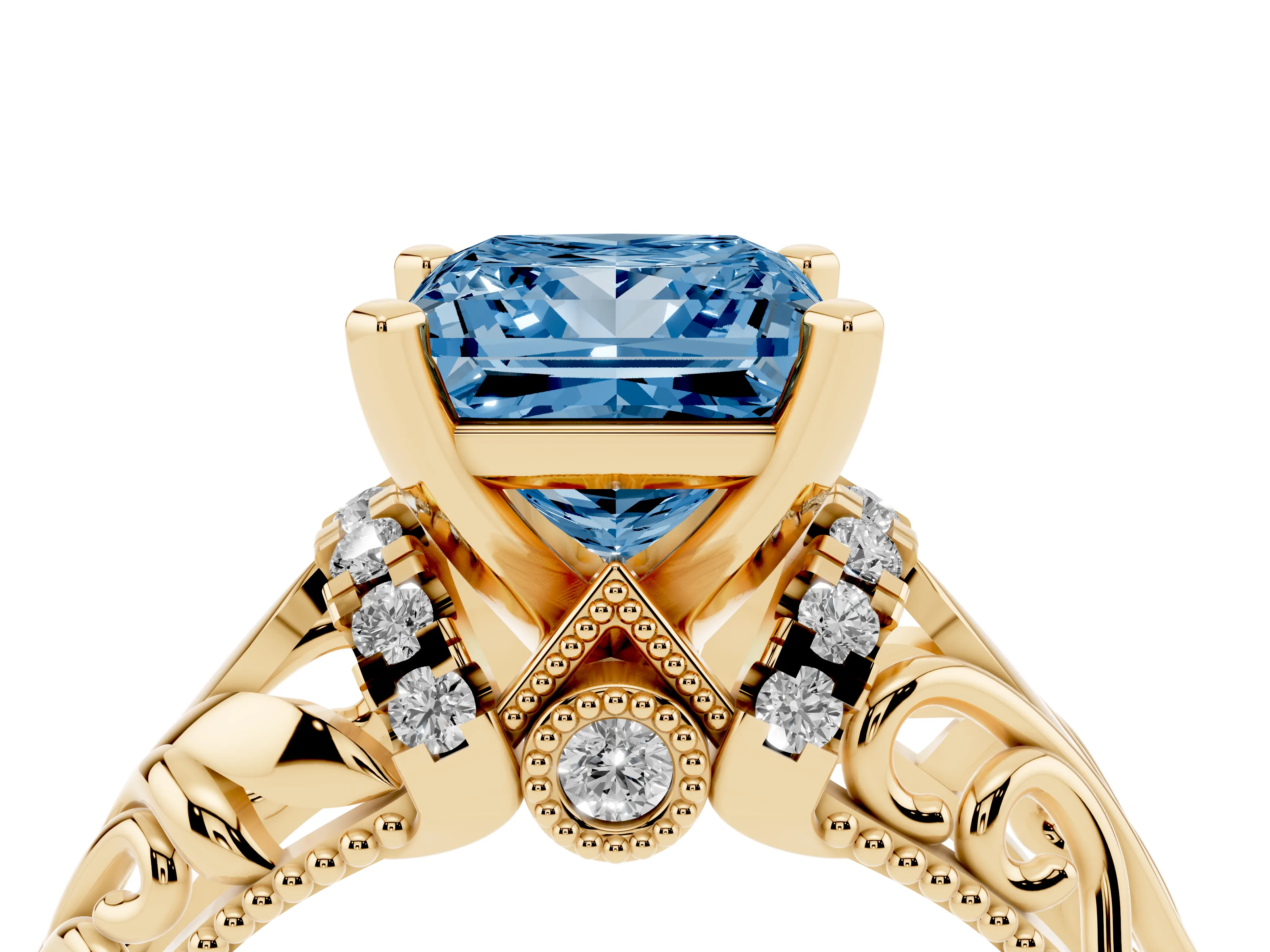 Fancy Blue Princess Cut Diamond Filigree Halo Engagement Ring Set in Yellow gold with Prong Setting