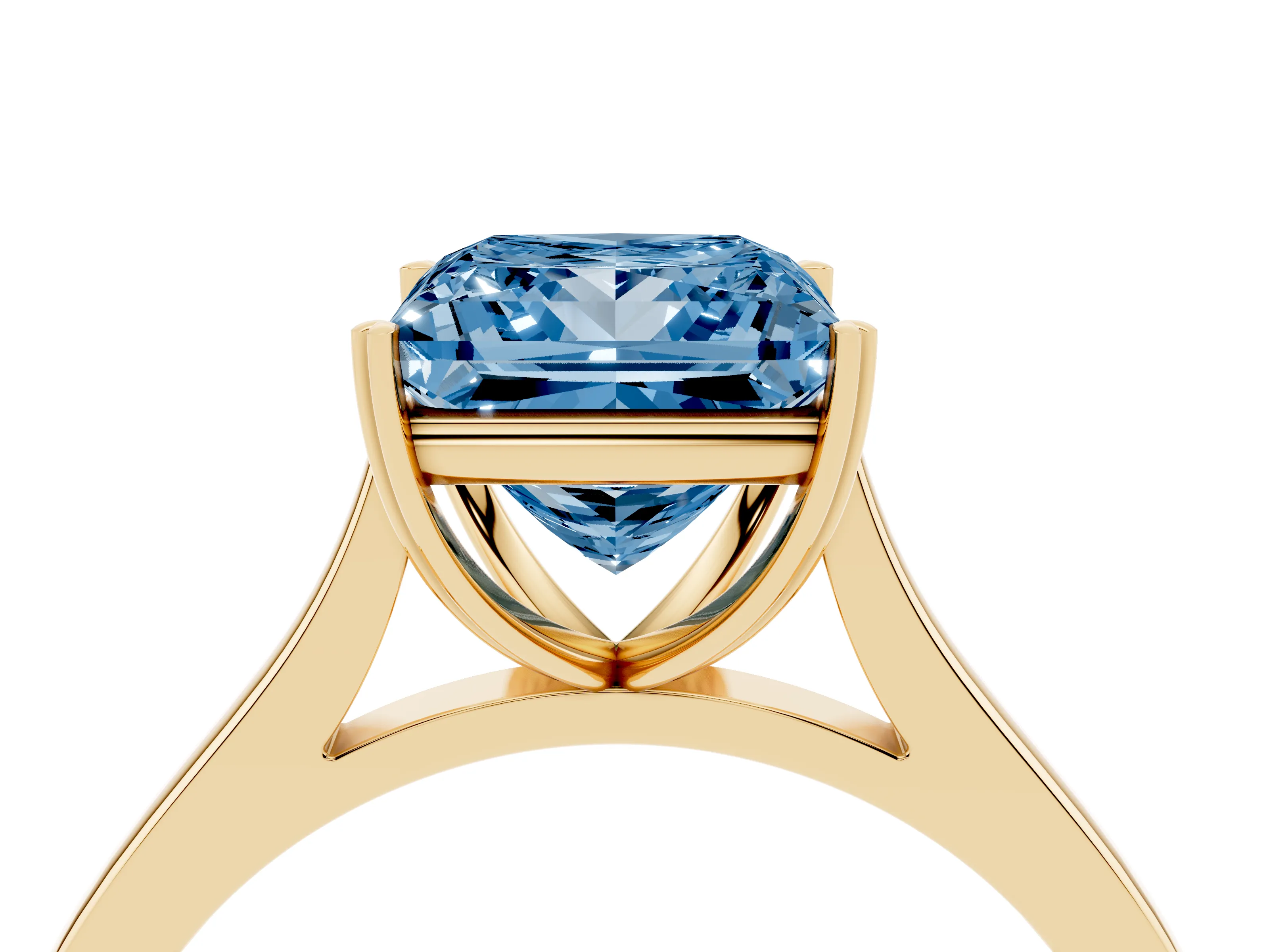 Fancy Blue Princess Cut Diamond Solitaire Heart Prong Engagement Ring Set in Yellow gold with Tapered Band
