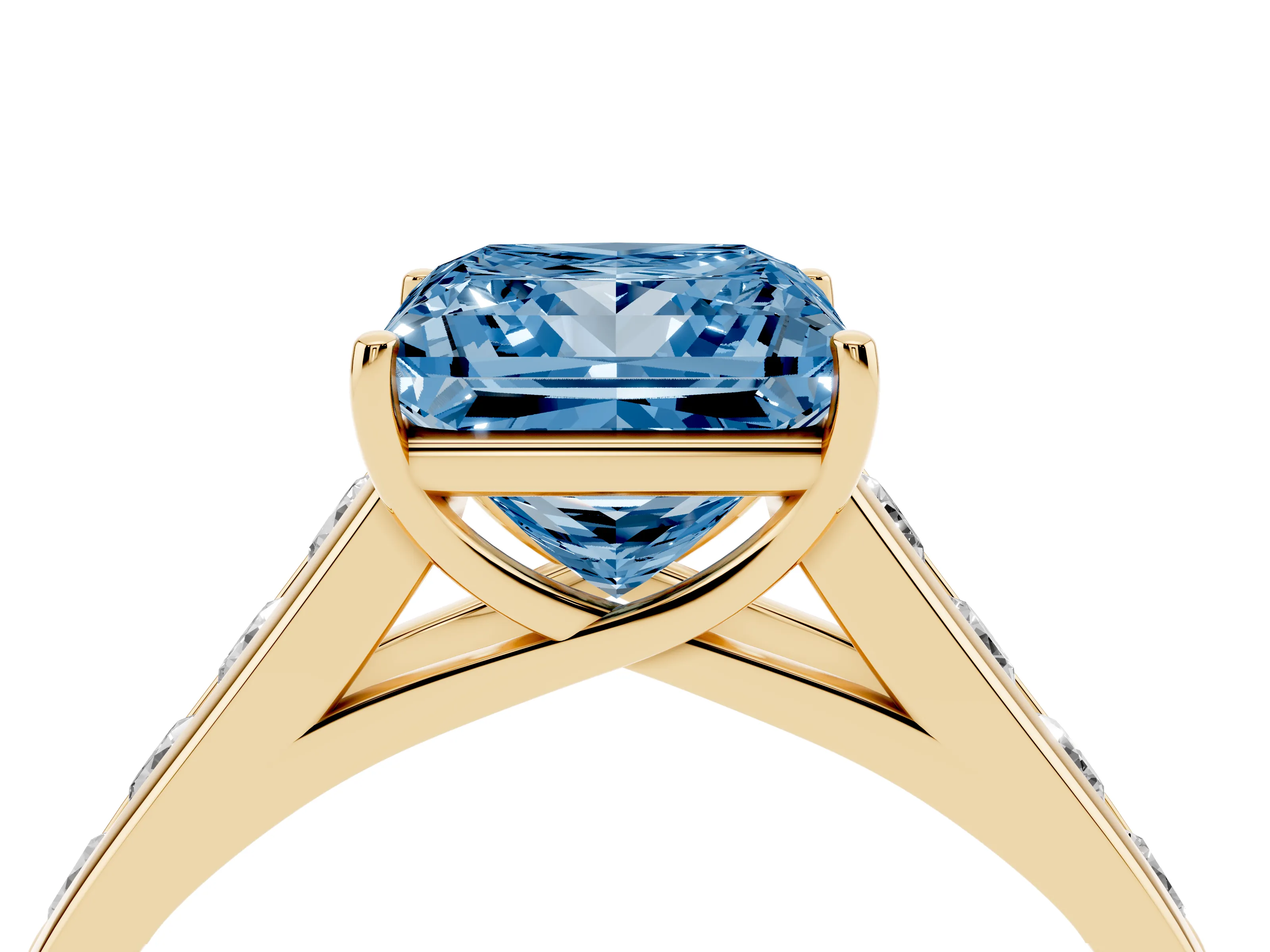 Fancy Blue Princess Cut Diamond Solitaire Channel-Set Engagement Ring Set in Yellow gold with Prong Setting