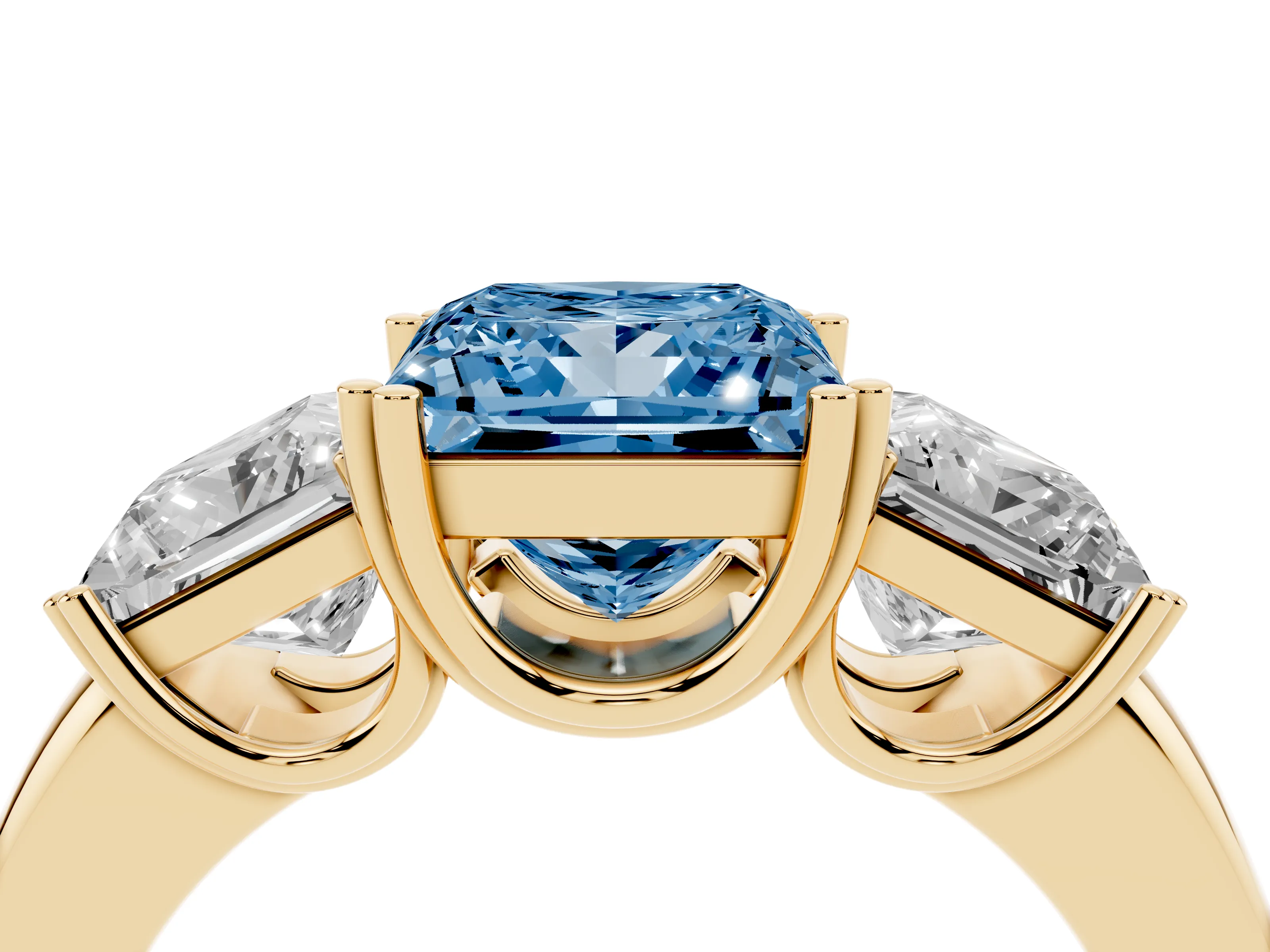 Fancy Blue Princess Cut Diamond Three-Stone Ring Set in Yellow gold with Polished Channel-Set Band