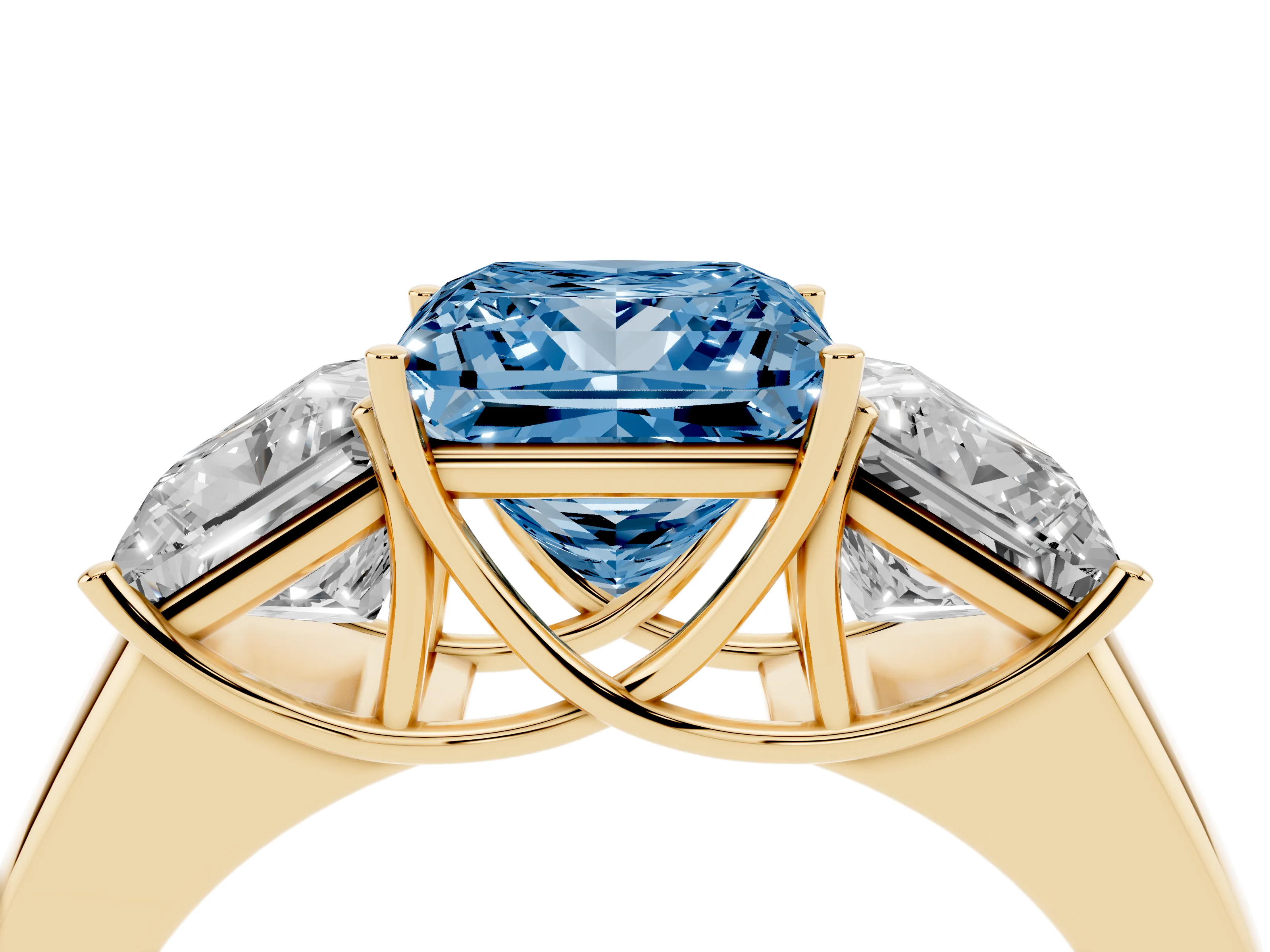 Fancy Blue Three-Stone Princess Cut Diamond Ring Set in Yellow gold with Matching Prong Settings and Plain Band