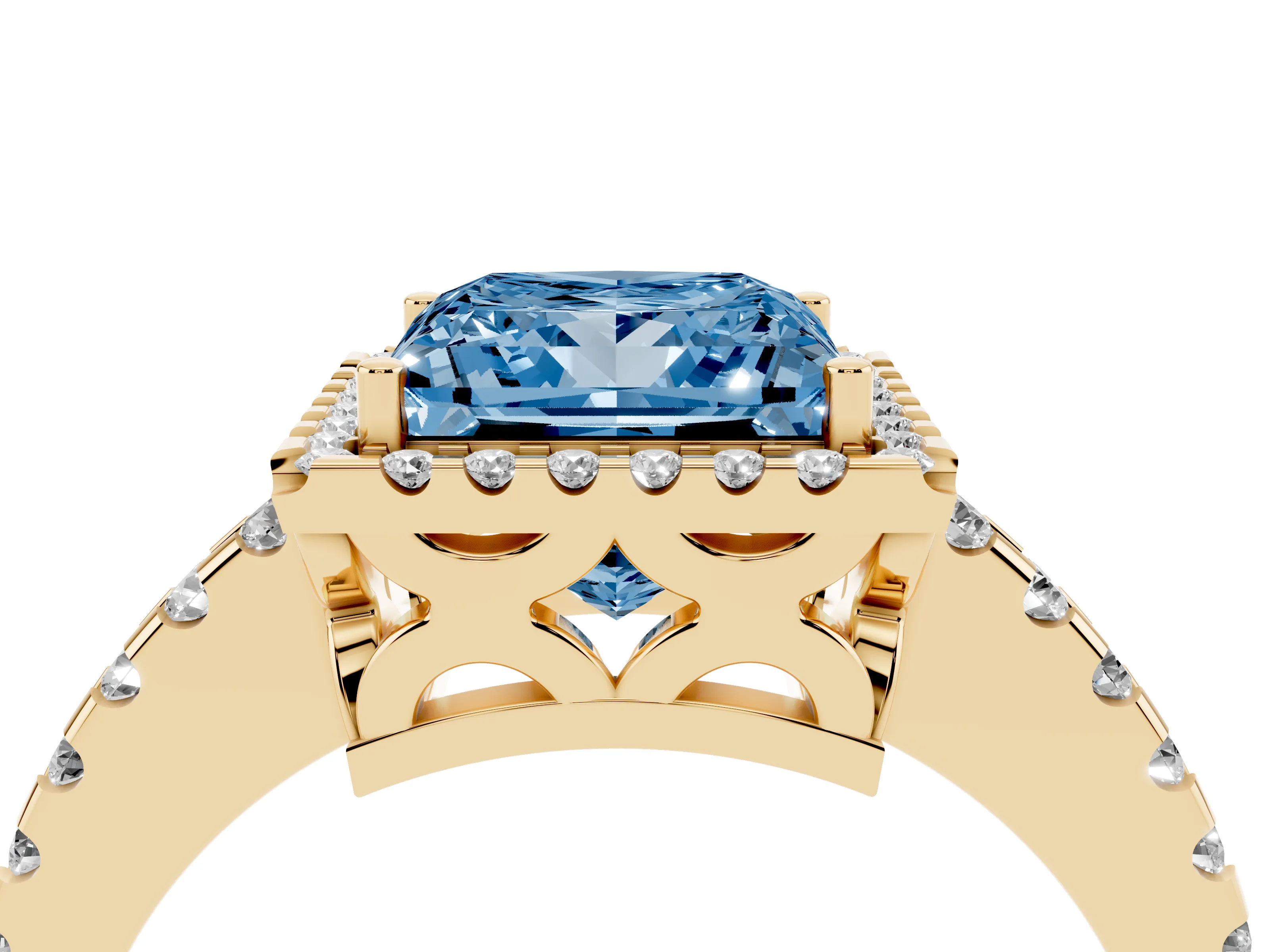 Fancy Blue Princess Cut Diamond Halo Ring Set in Yellow gold with Pavé Shoulders and Halo-Framed Center