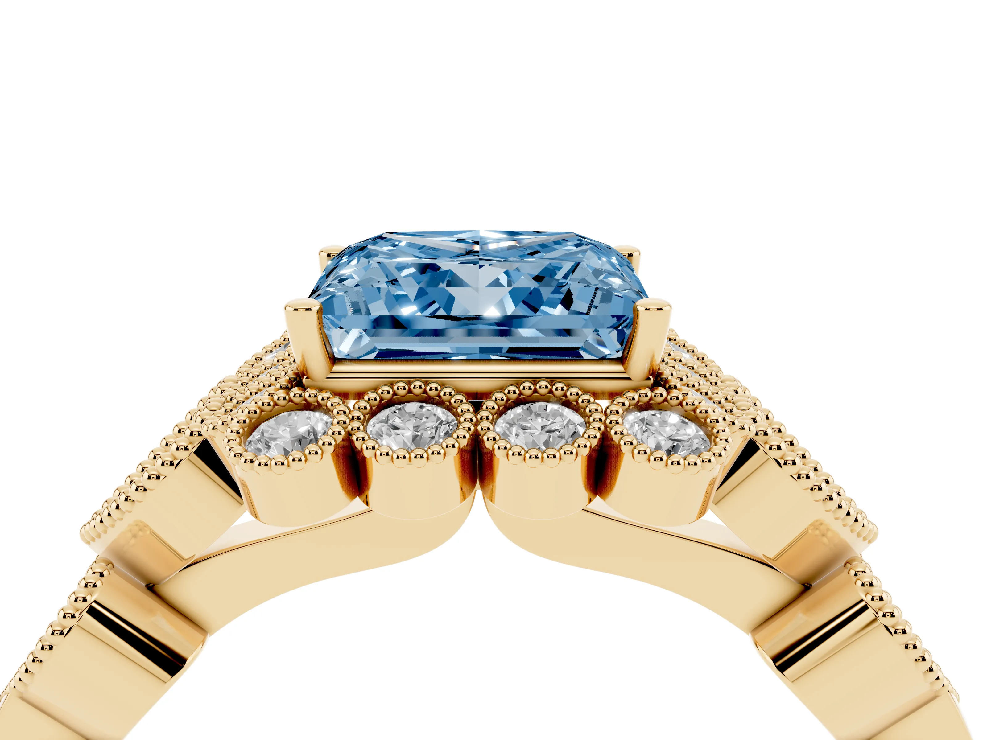 Fancy Blue Princess Cut Diamond Solitaire Ring Set in Yellow gold with Milgrain Pavé Heart Band