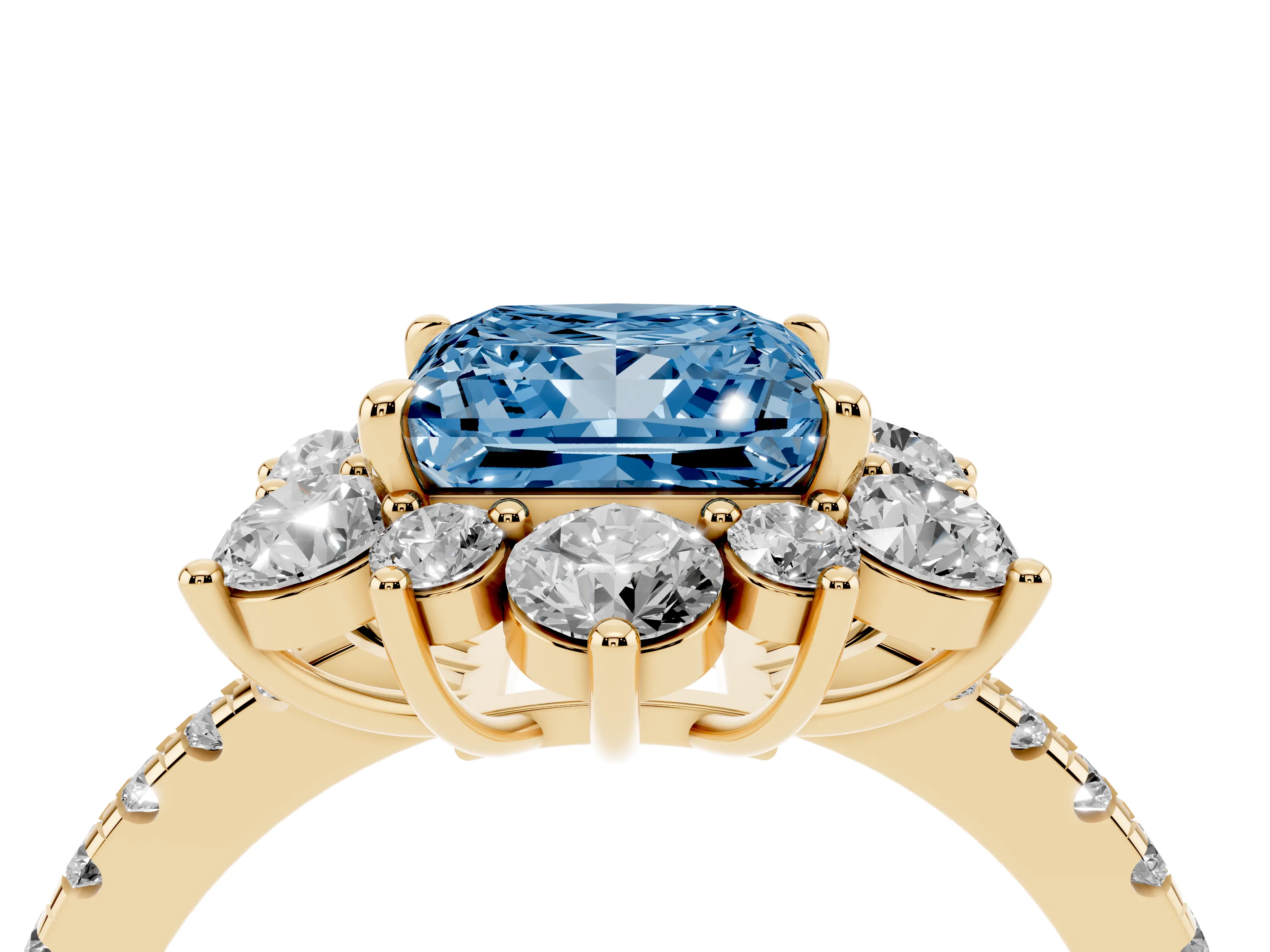 Fancy Blue Princess Cut Diamond Floral Halo Ring Set in Yellow gold with Round Pavé Band and Prong Setting