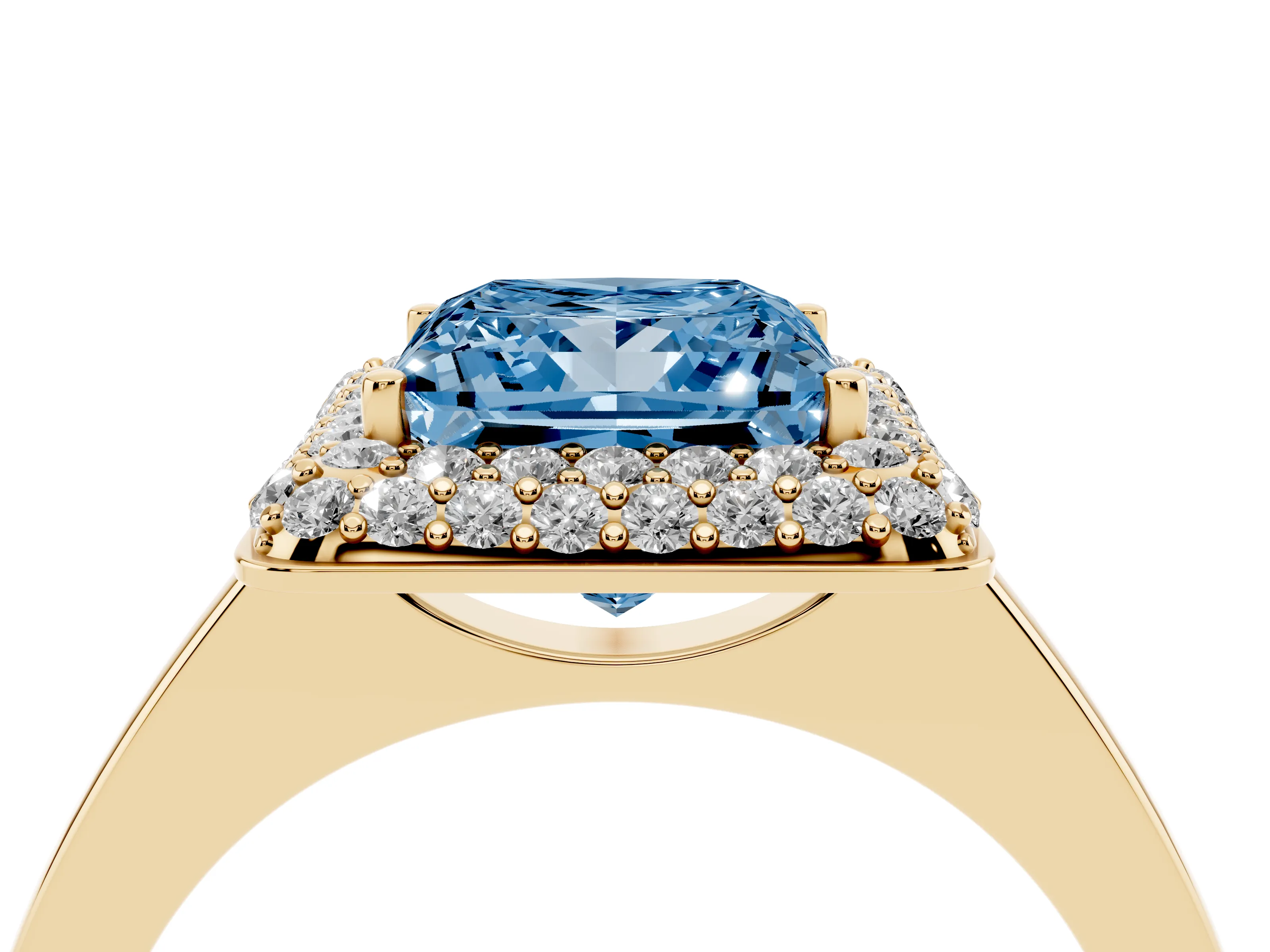 Fancy Blue Princess Cut Diamond Halo Engagement Ring Set in Yellow gold with Solitaire Band and Prong Setting