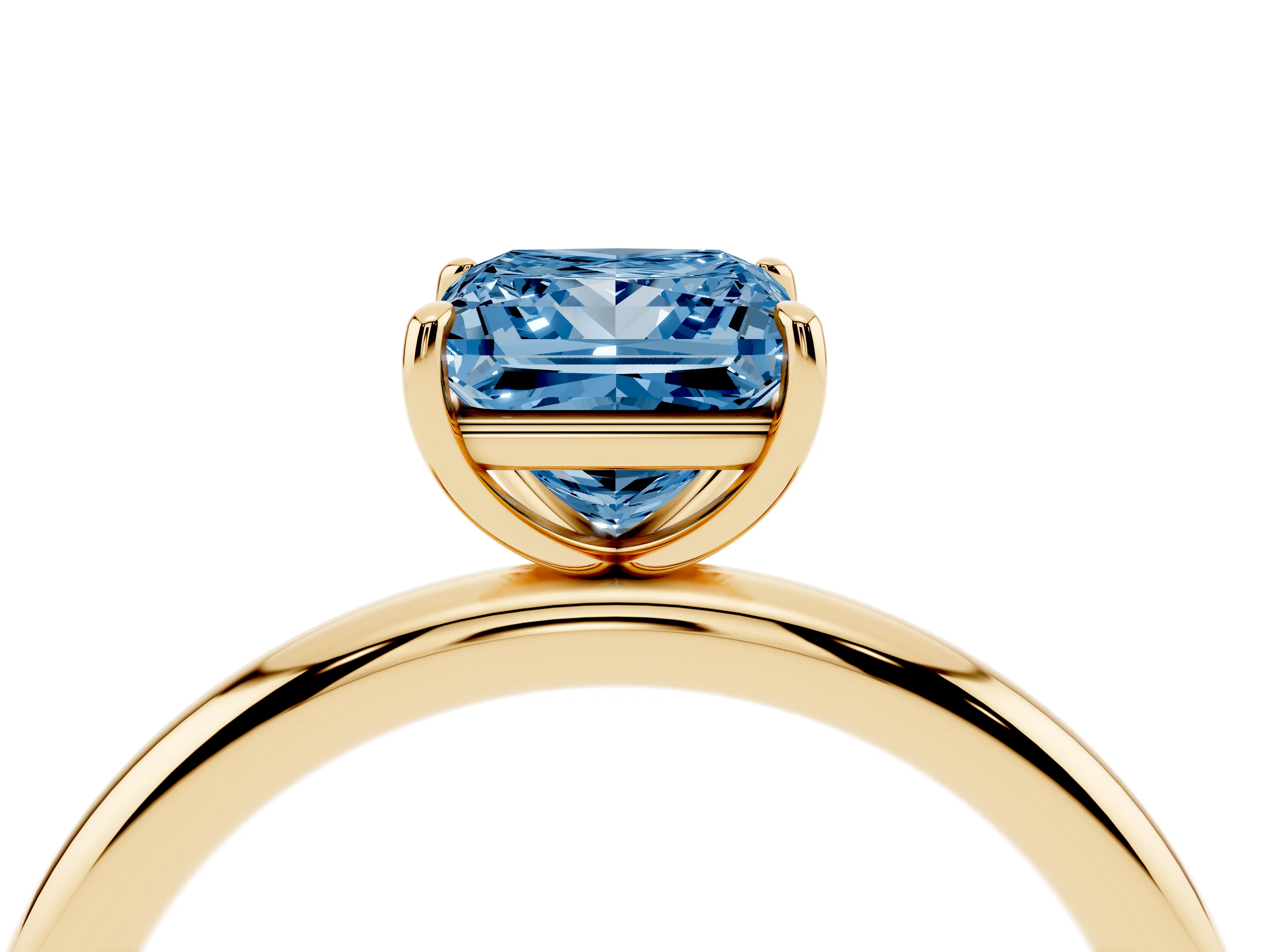 Fancy Blue Princess Cut Diamond Solitaire Ring Set in Yellow gold with Prong Setting on a Polished Plain Band