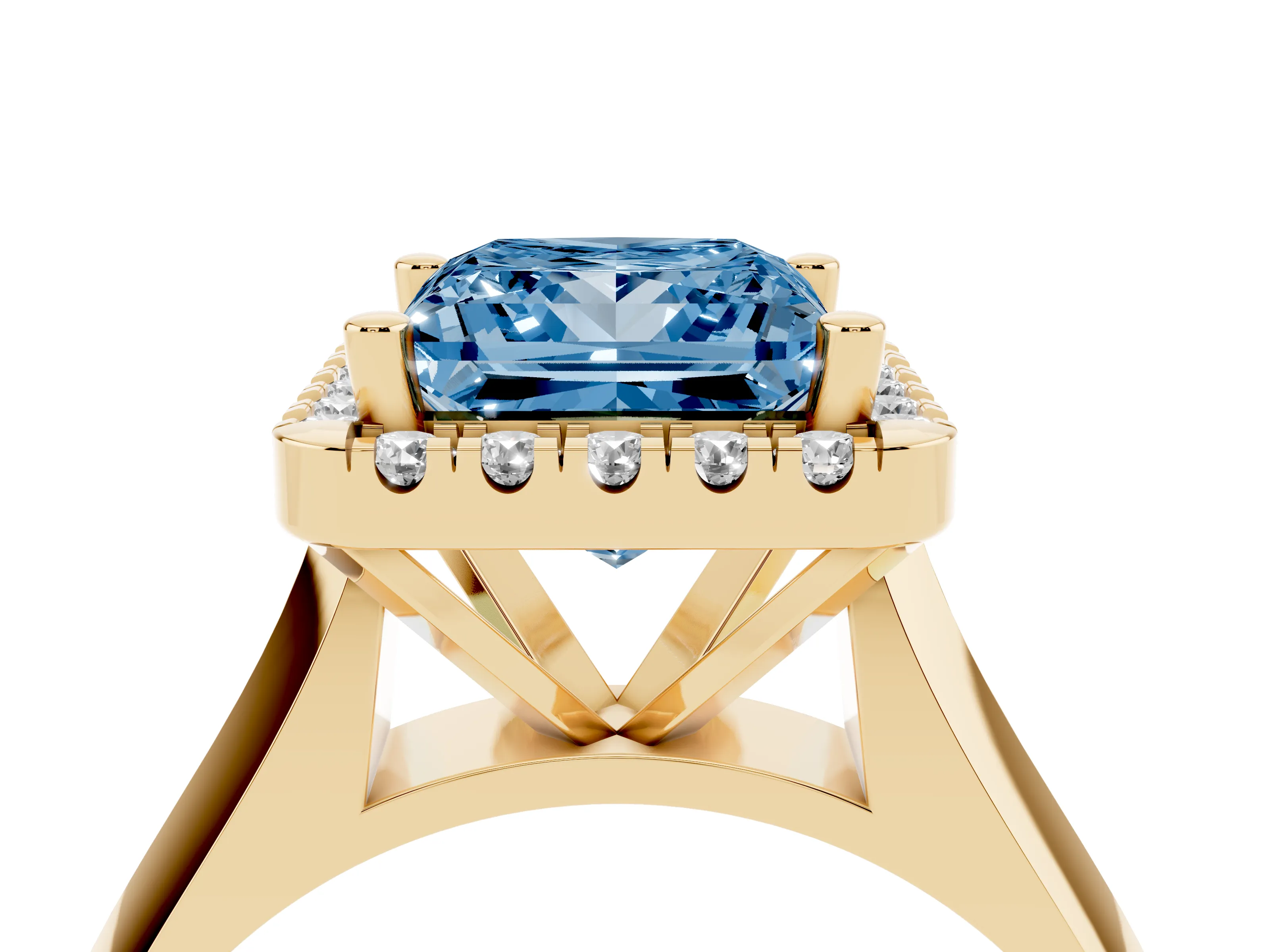 Fancy Blue Princess Cut Diamond Halo Solitaire Engagement Ring Set in Yellow gold with Square Band and Prong Setting