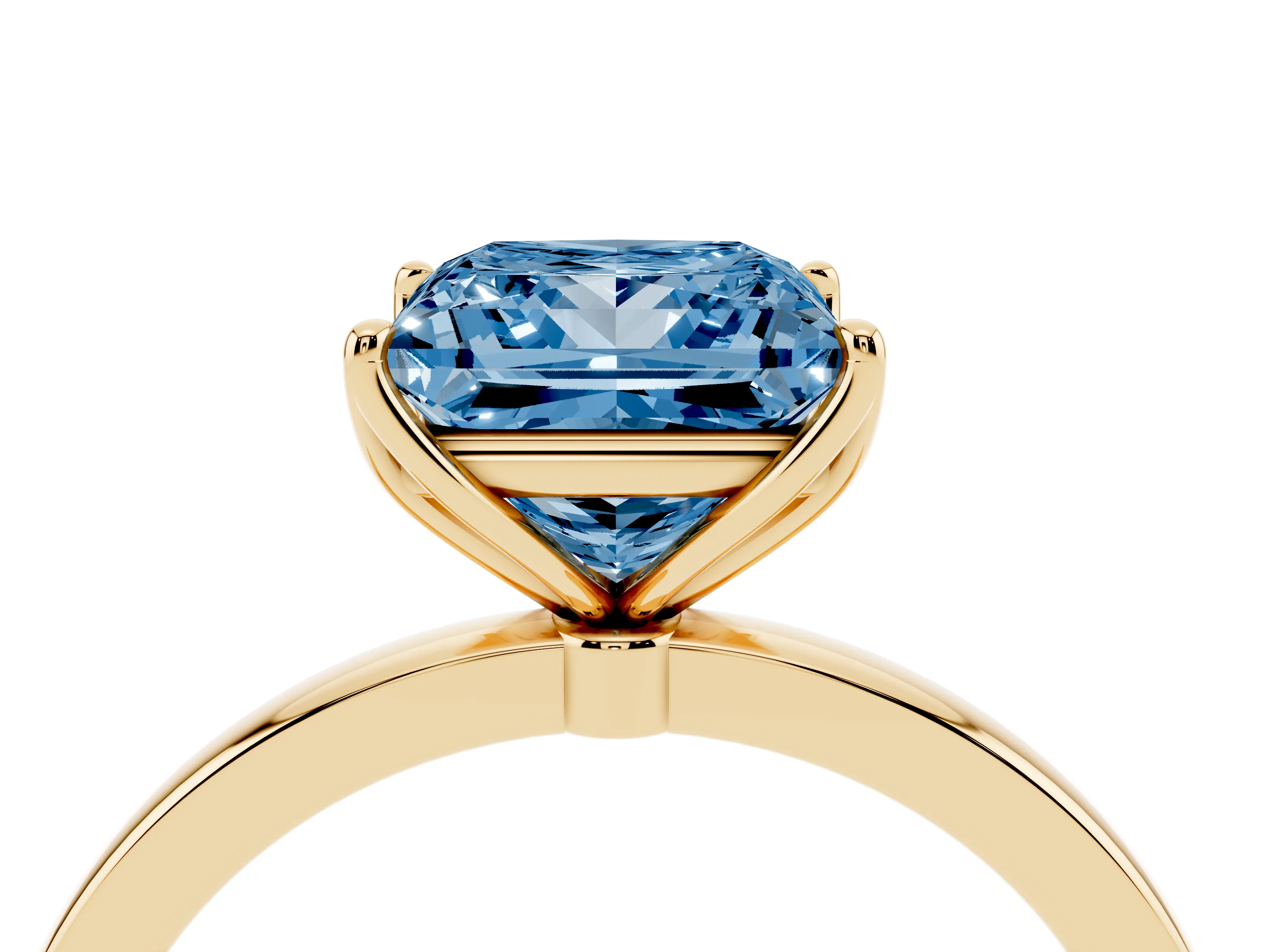 Fancy Blue Princess Cut Diamond Solitaire Ring Set in Yellow gold with Prong Setting and Thin Polished Band