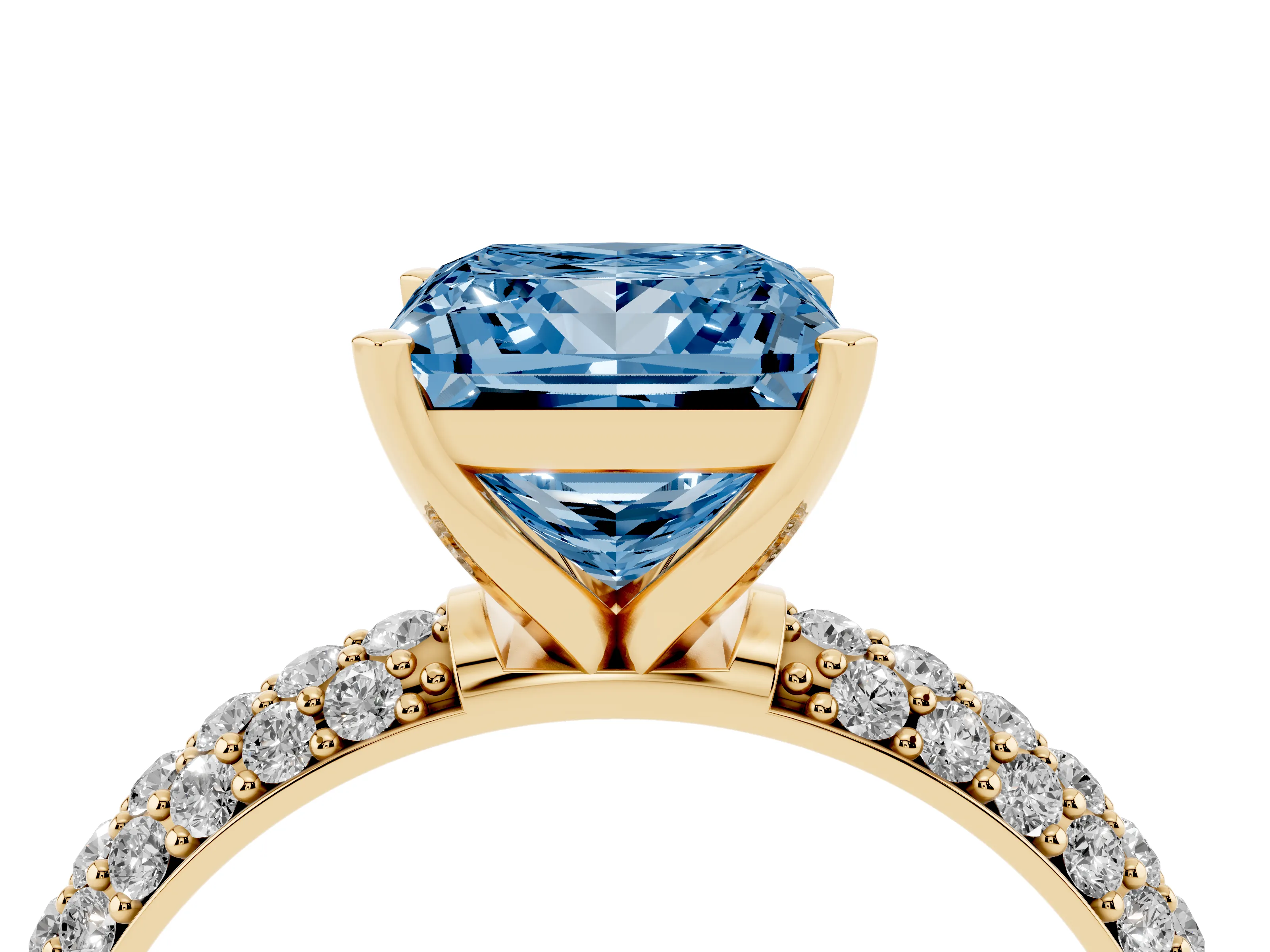 Fancy Blue Princess Cut Diamond Solitaire Ring Set in Yellow gold with Prong Setting and Pavé-Set Band