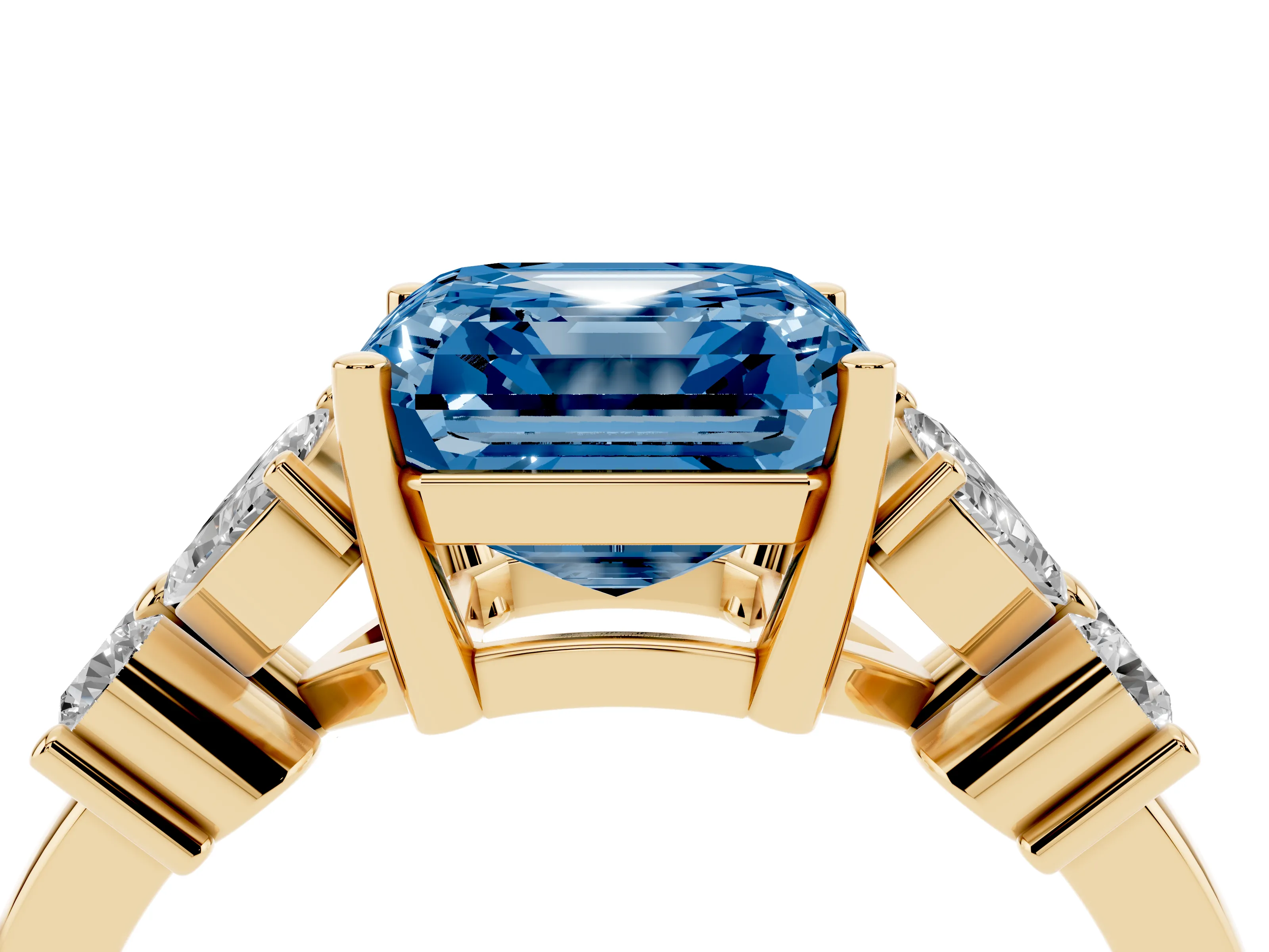 Fancy Blue Princess Cut Diamond Floral Cluster Ring Set in Yellow gold with Marquise Petals and Prong Setting