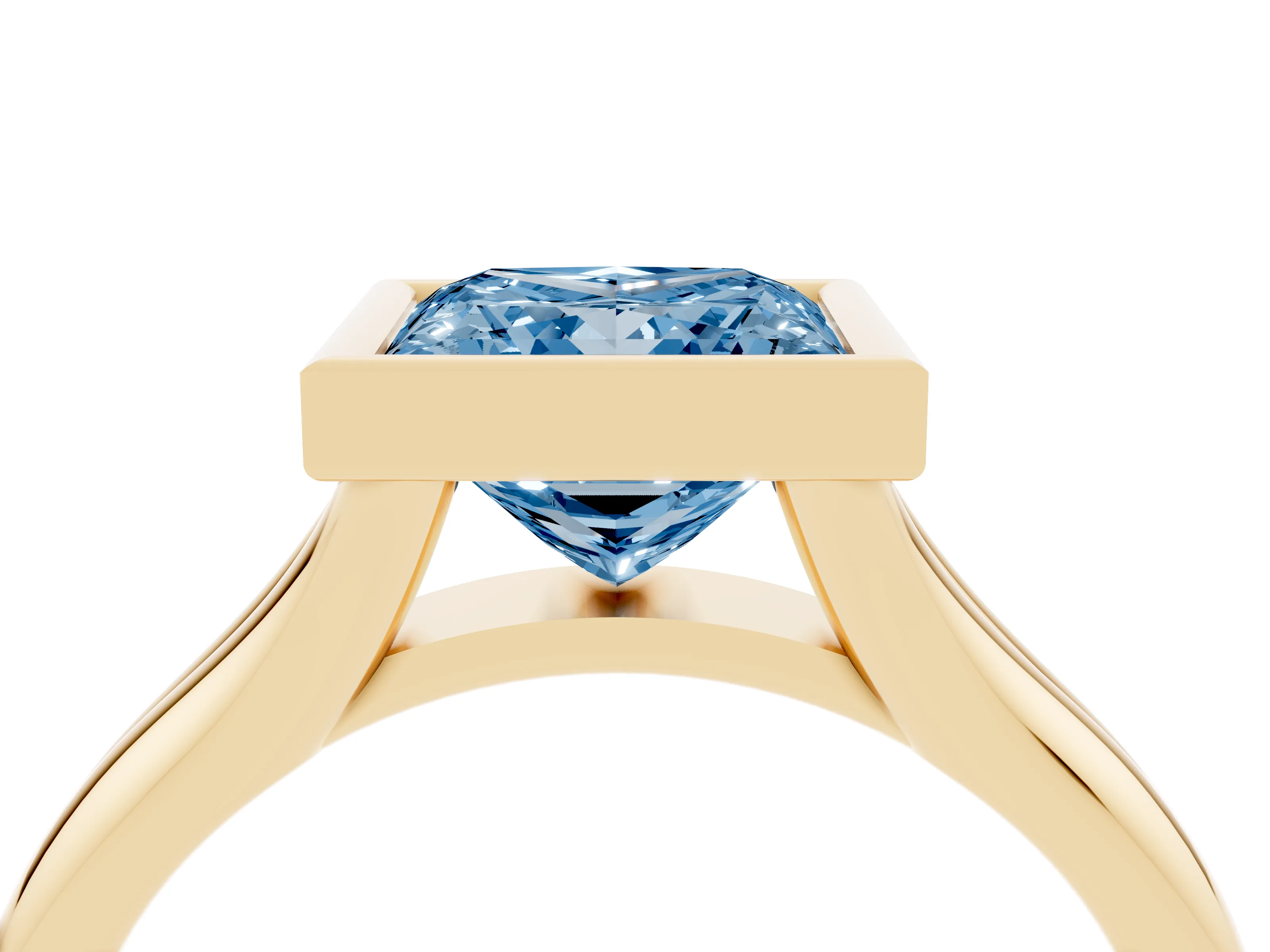 Fancy Blue Bezel Set Princess Cut Diamond Solitaire Ring Set in Yellow gold with Smooth Band