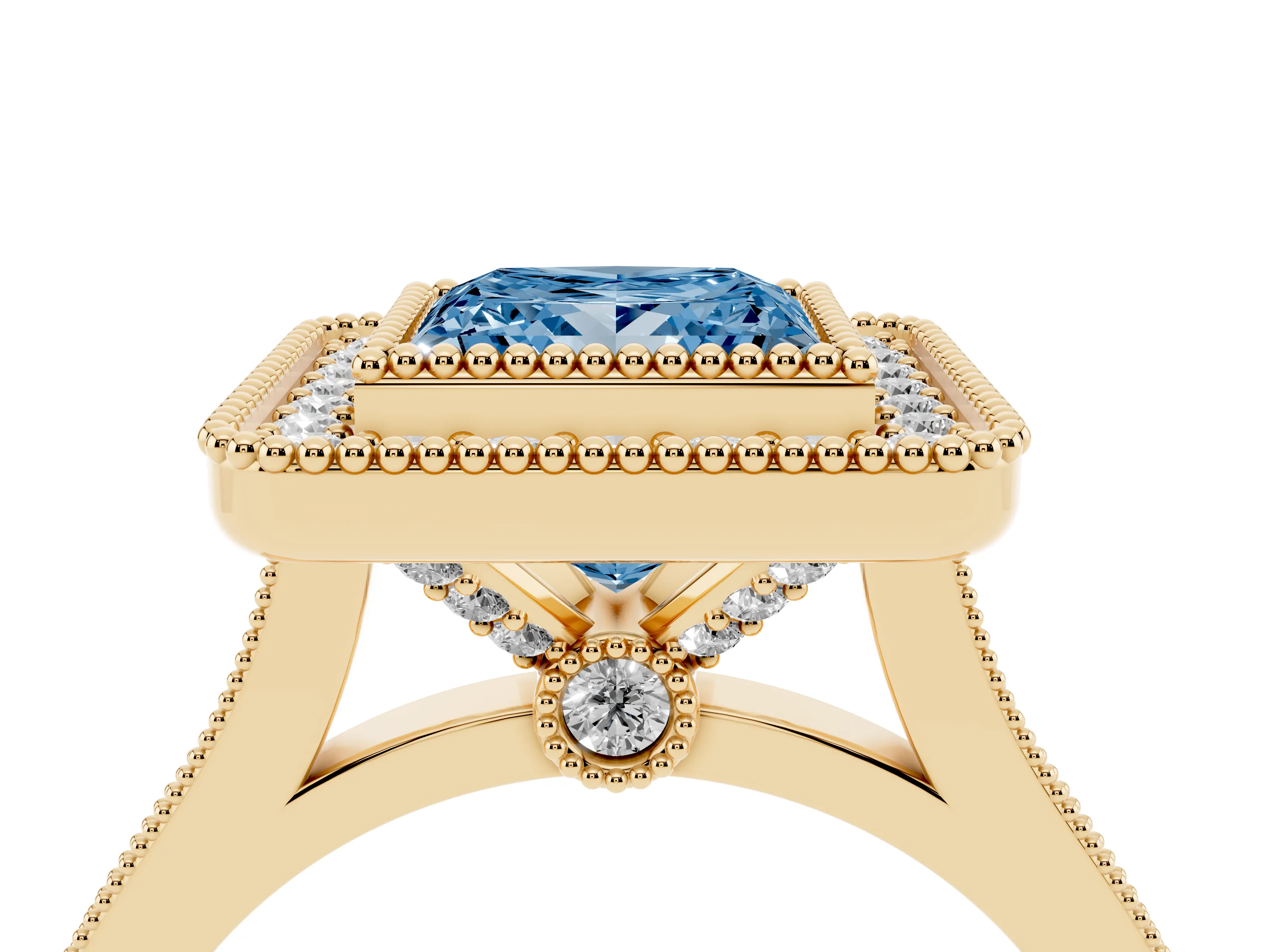 Fancy Blue Princess Cut Diamond Halo Ring Set in Yellow gold with Milgrain Frame and Pavé Band
