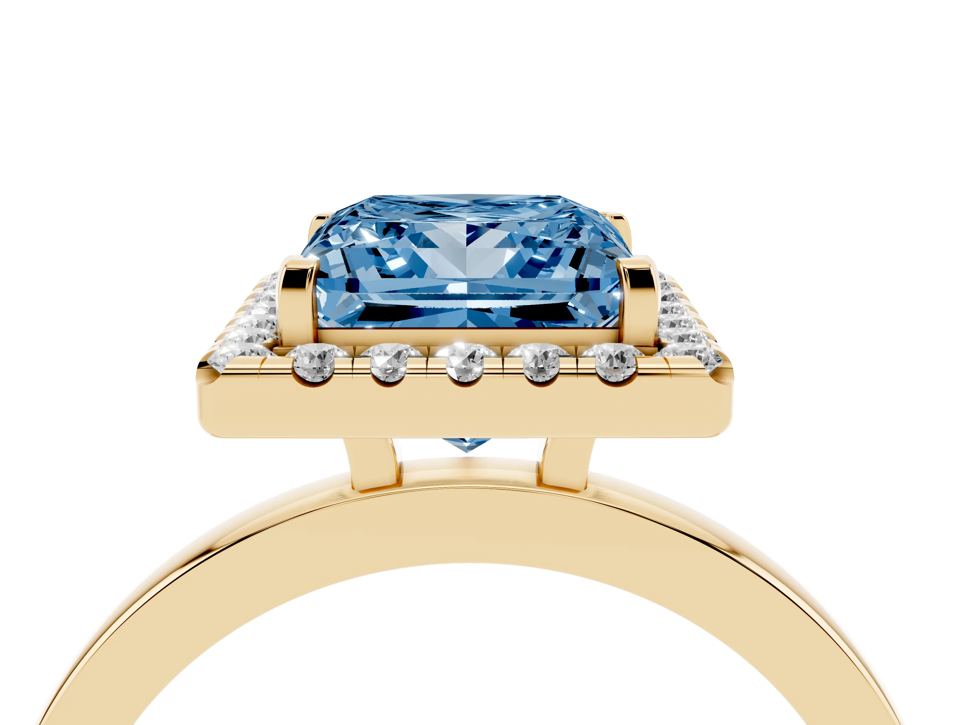 Fancy Blue Princess Cut Diamond Halo Solitaire Ring Set in Yellow gold with Pavé Band and Prong Setting