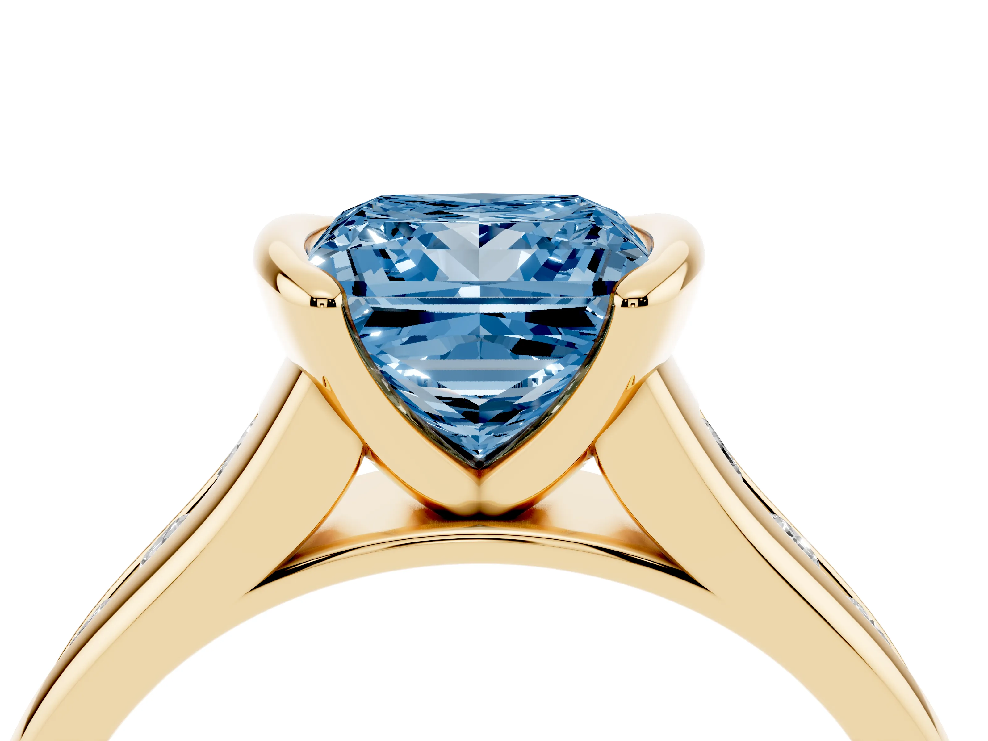 Fancy Blue Princess Cut Diamond Bezel-Set Solitaire Ring Set in Yellow gold with Channel-Set Band