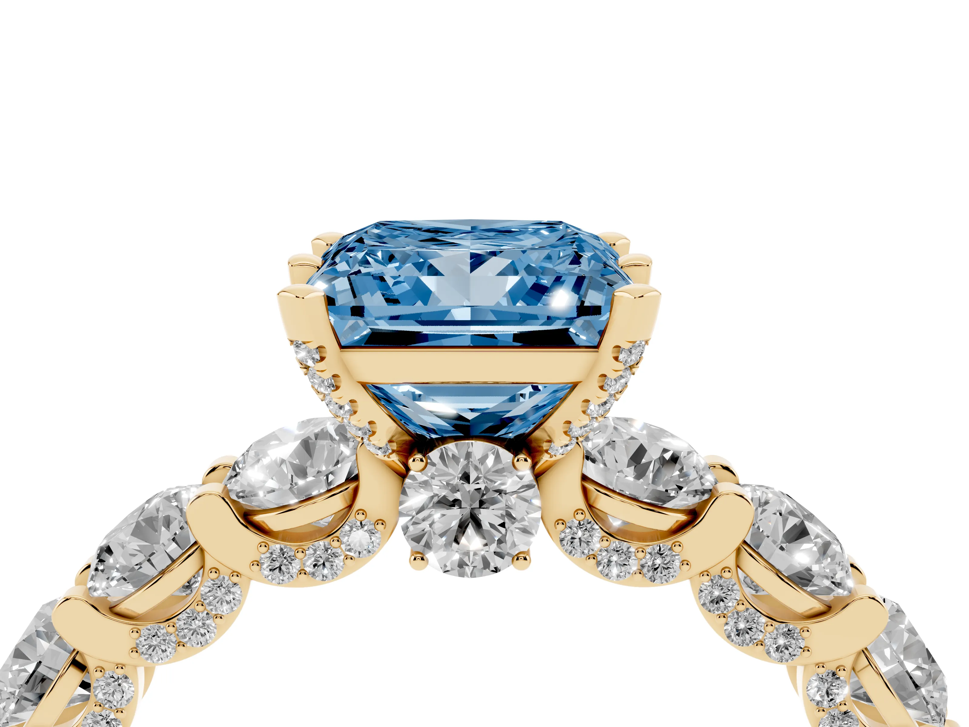 Fancy Blue Princess Cut Diamond Side Stone Ring Set in Yellow gold with Alternating Round and Oval Side Stones