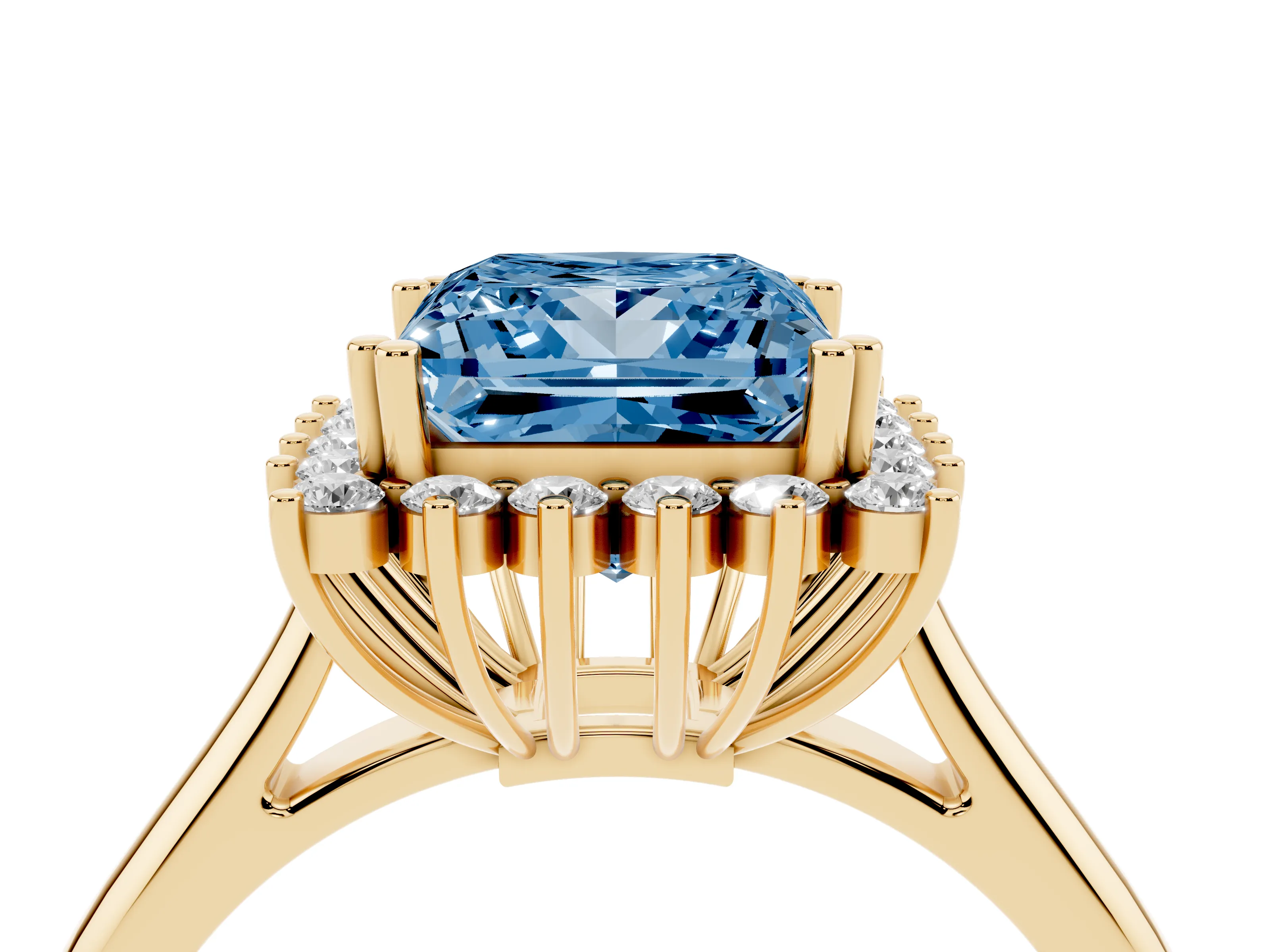 Fancy Blue Princess Cut Diamond Halo Ring Set in Yellow gold with Plain Solitaire Band and Prong Setting
