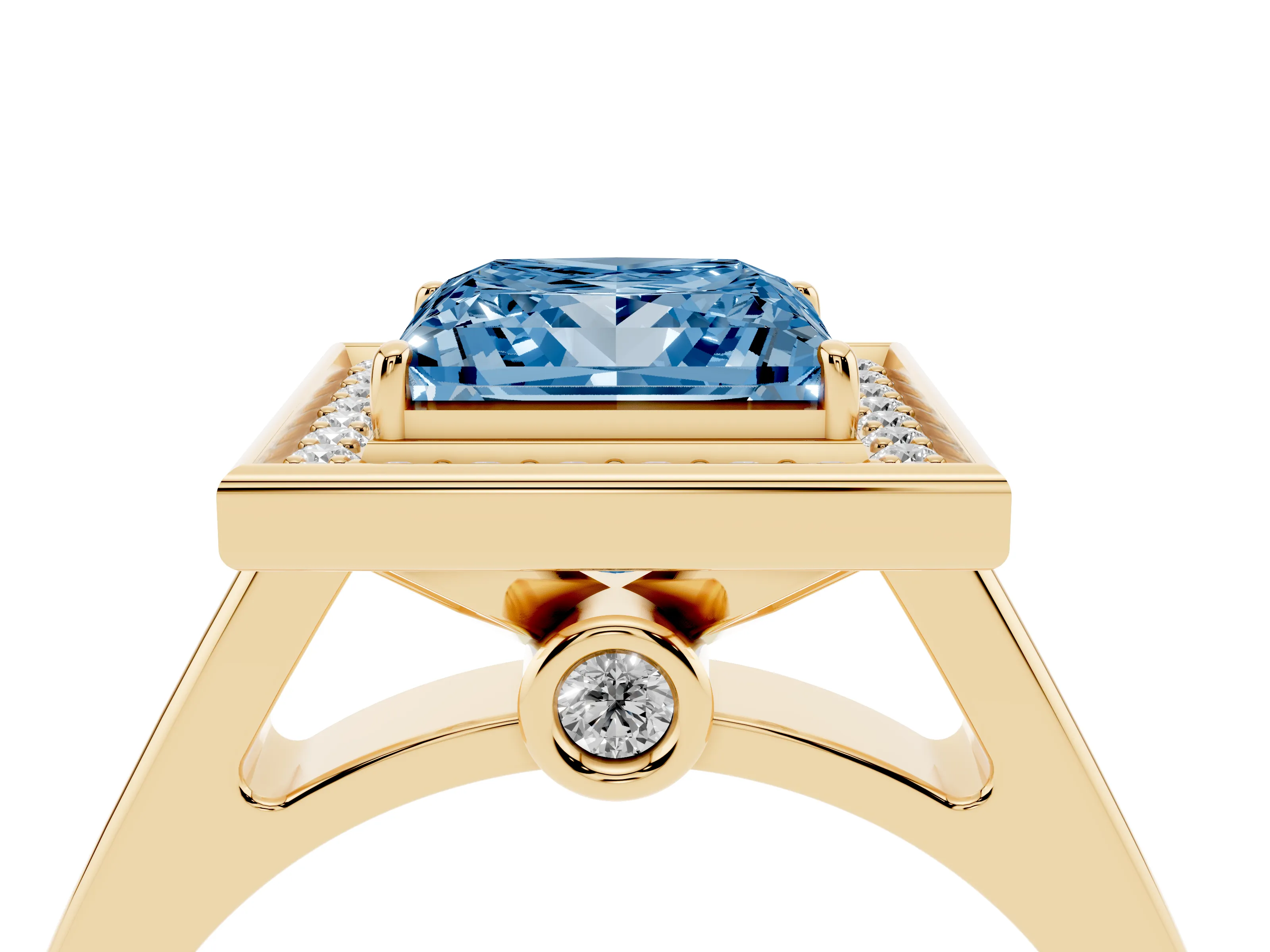 Fancy Blue Princess Cut Diamond Halo Solitaire Ring Set in Yellow gold with Pavé Band and Bezel Setting