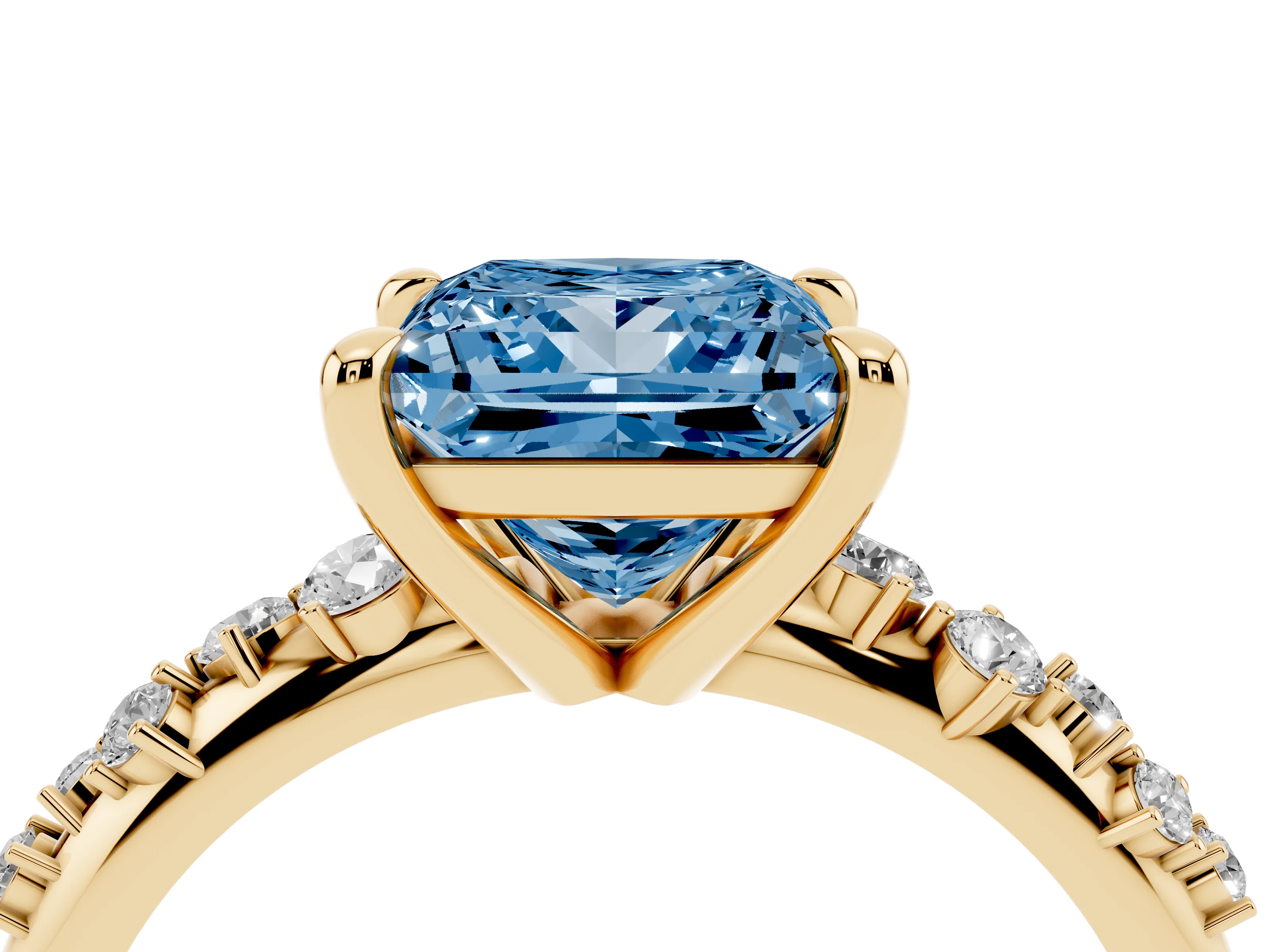 Fancy Blue Princess Cut Diamond Solitaire Vine Band Ring Set in Yellow gold with Round Accents and Prong Setting