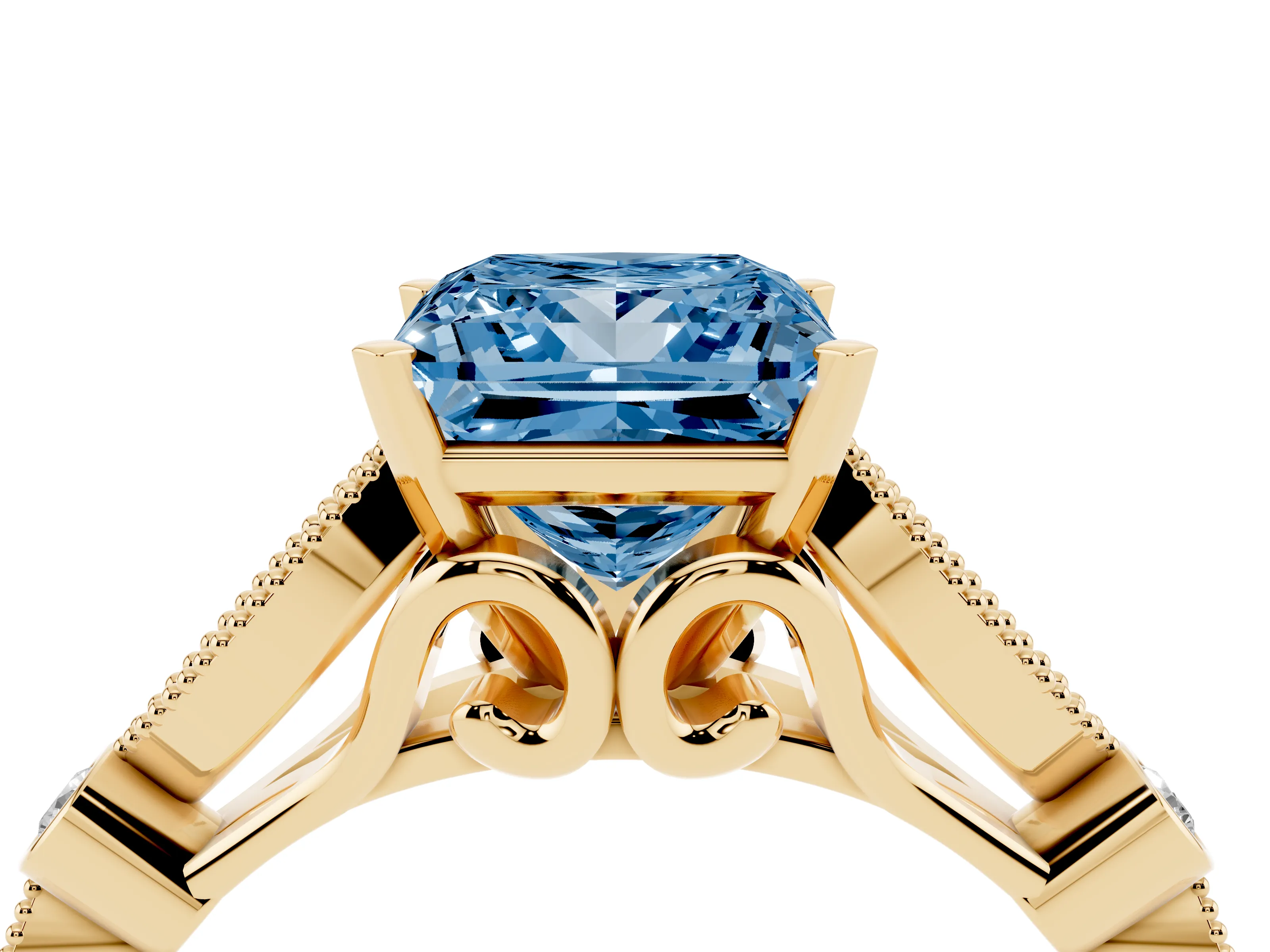 Fancy Blue Princess Cut Diamond Solitaire Ring Set in Yellow gold with Milgrain Marquise and Bezel Accents