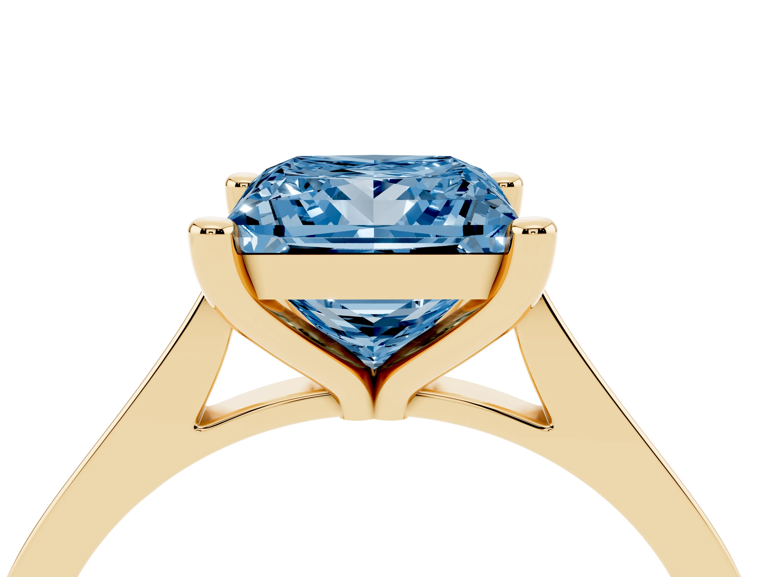 Fancy Blue Princess Cut Diamond Solitaire Ring Set in Yellow gold with Prong Setting and Tapered Band