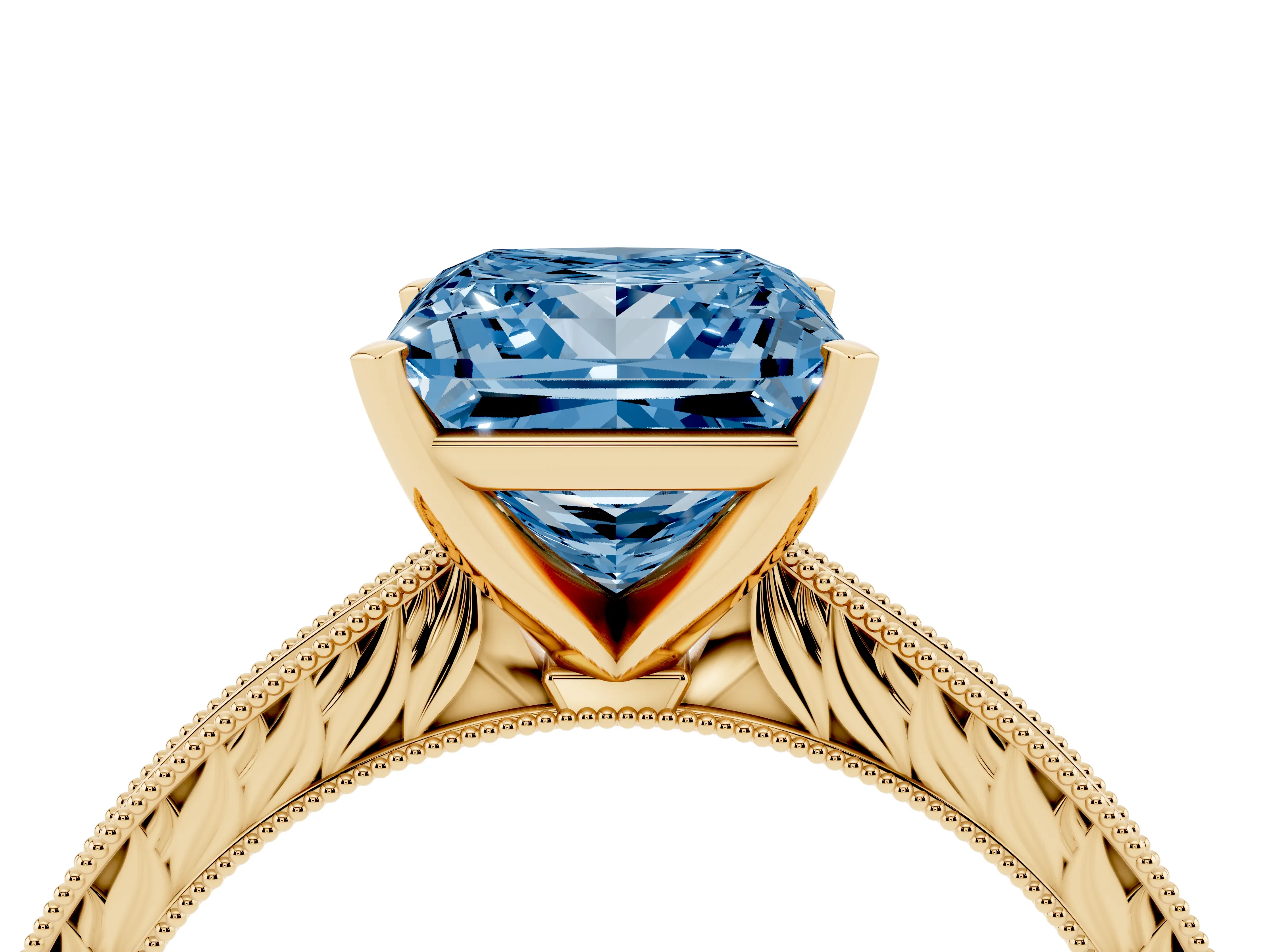 Fancy Blue Princess Cut Diamond Solitaire Milgrain Engraved Band Set in Yellow gold with Prong Setting