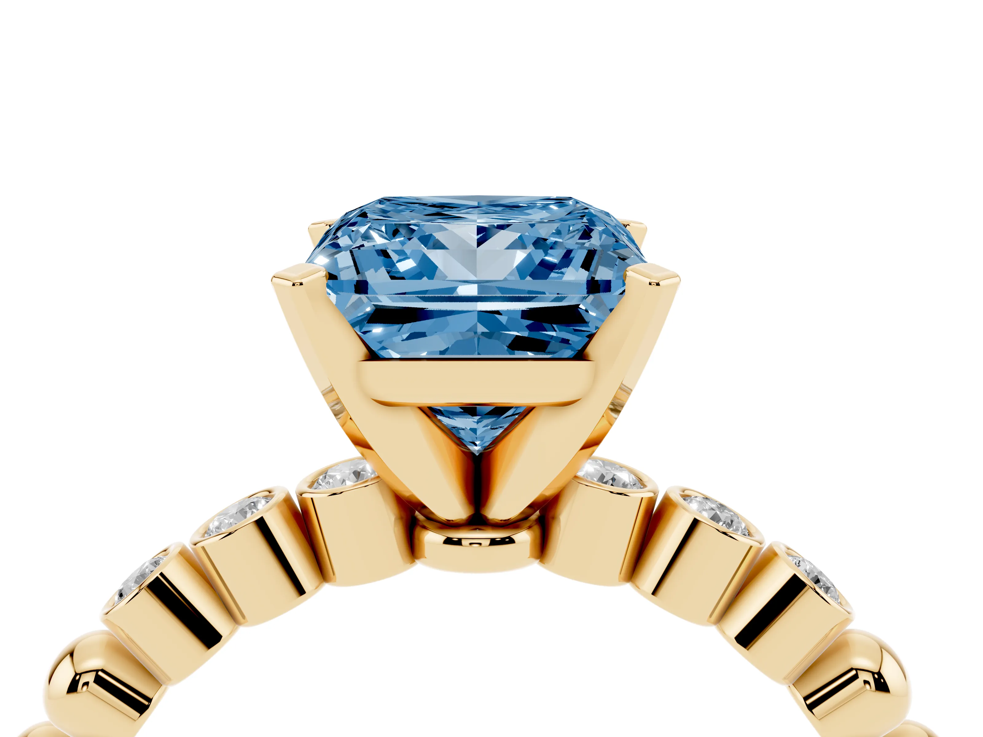 Fancy Blue Princess Cut Diamond Solitaire Engagement Ring Set in Yellow gold with Bezel Accents on Beaded Band