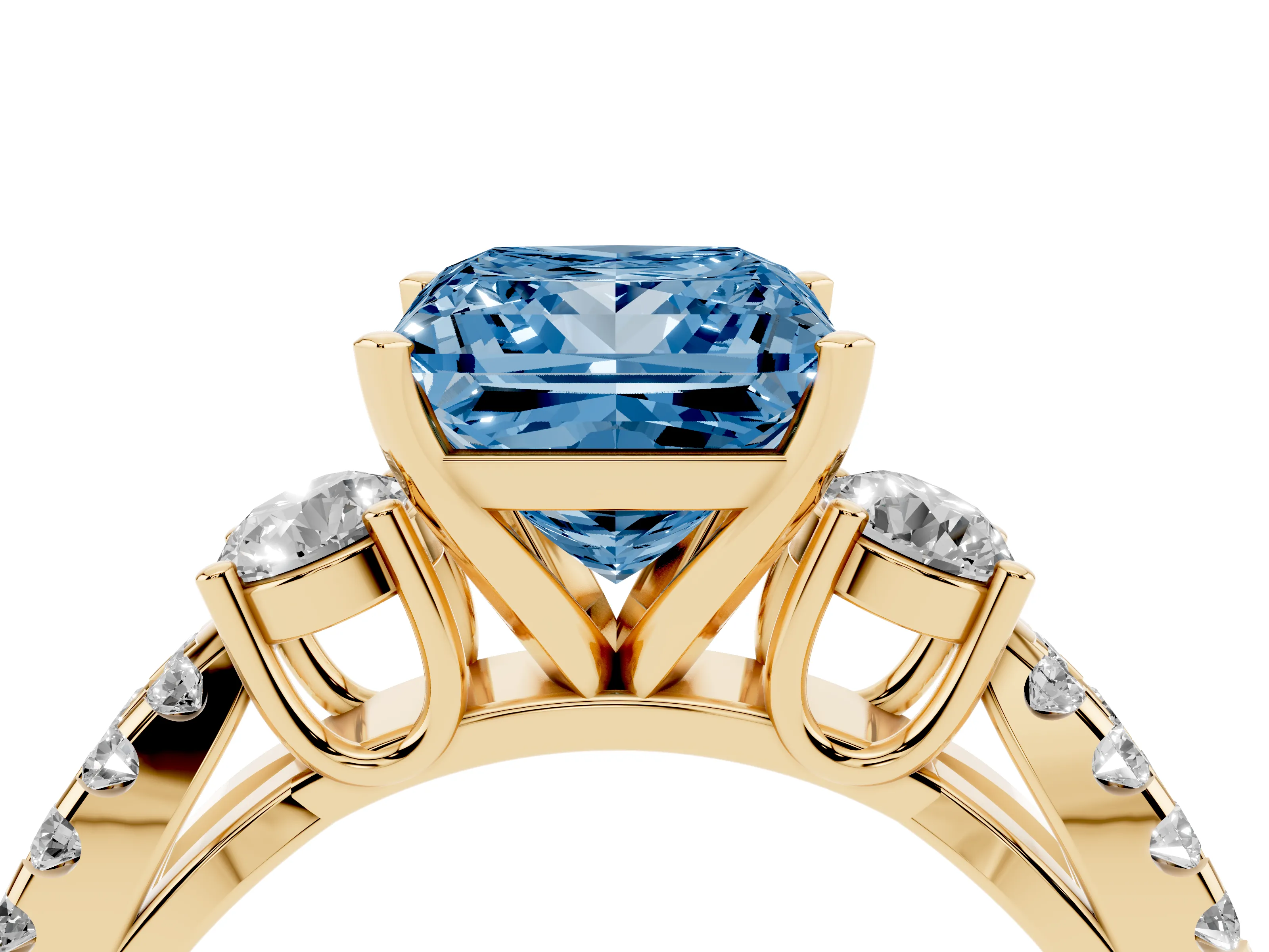 Fancy Blue Princess Cut Diamond Three-Stone Ring Set in Yellow gold with Pavé Split Shank and Prong Setting