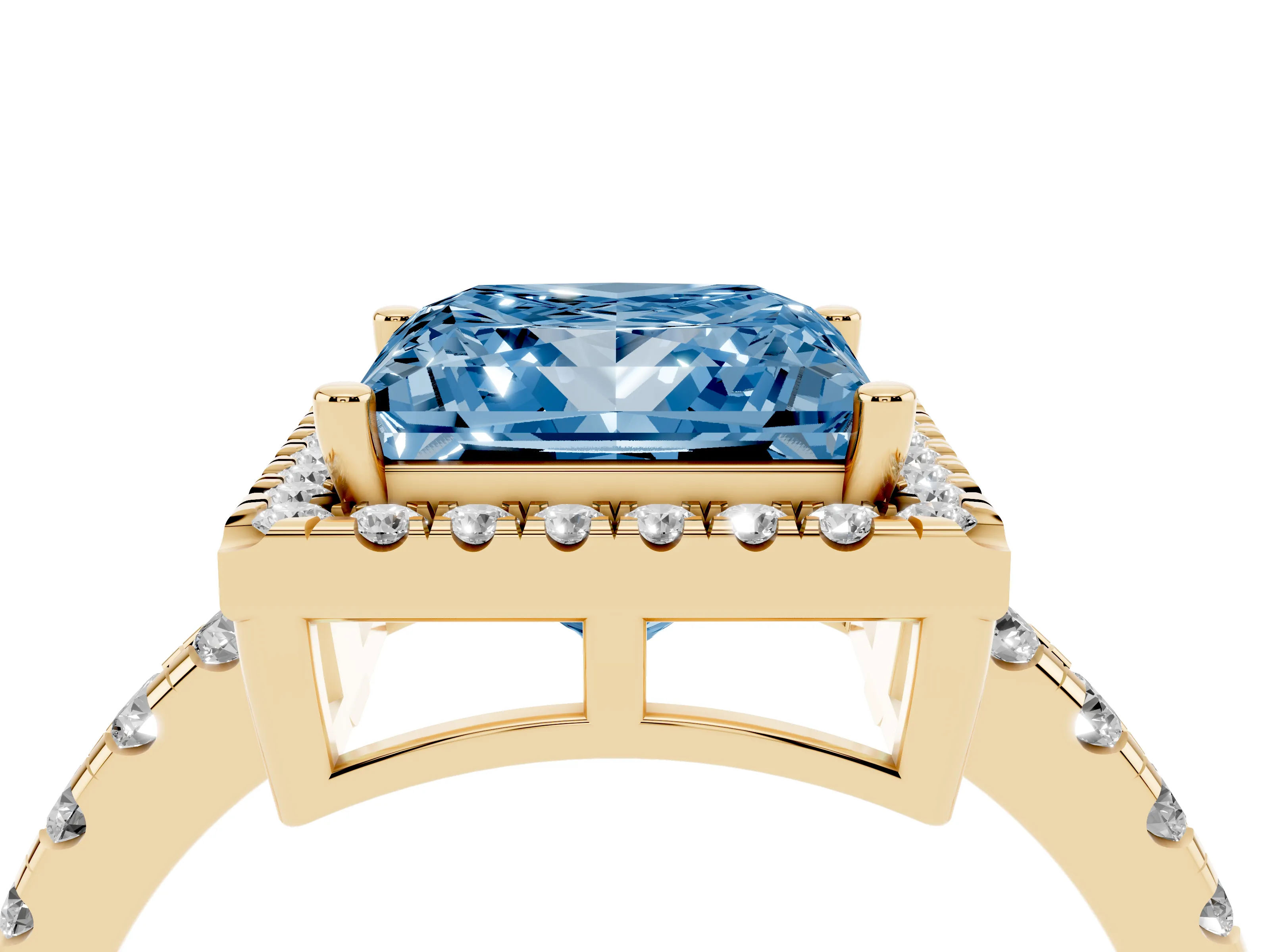 Fancy Blue Princess Cut Diamond Halo Ring Set in Yellow gold with Delicate Pavé Band and Prong Setting