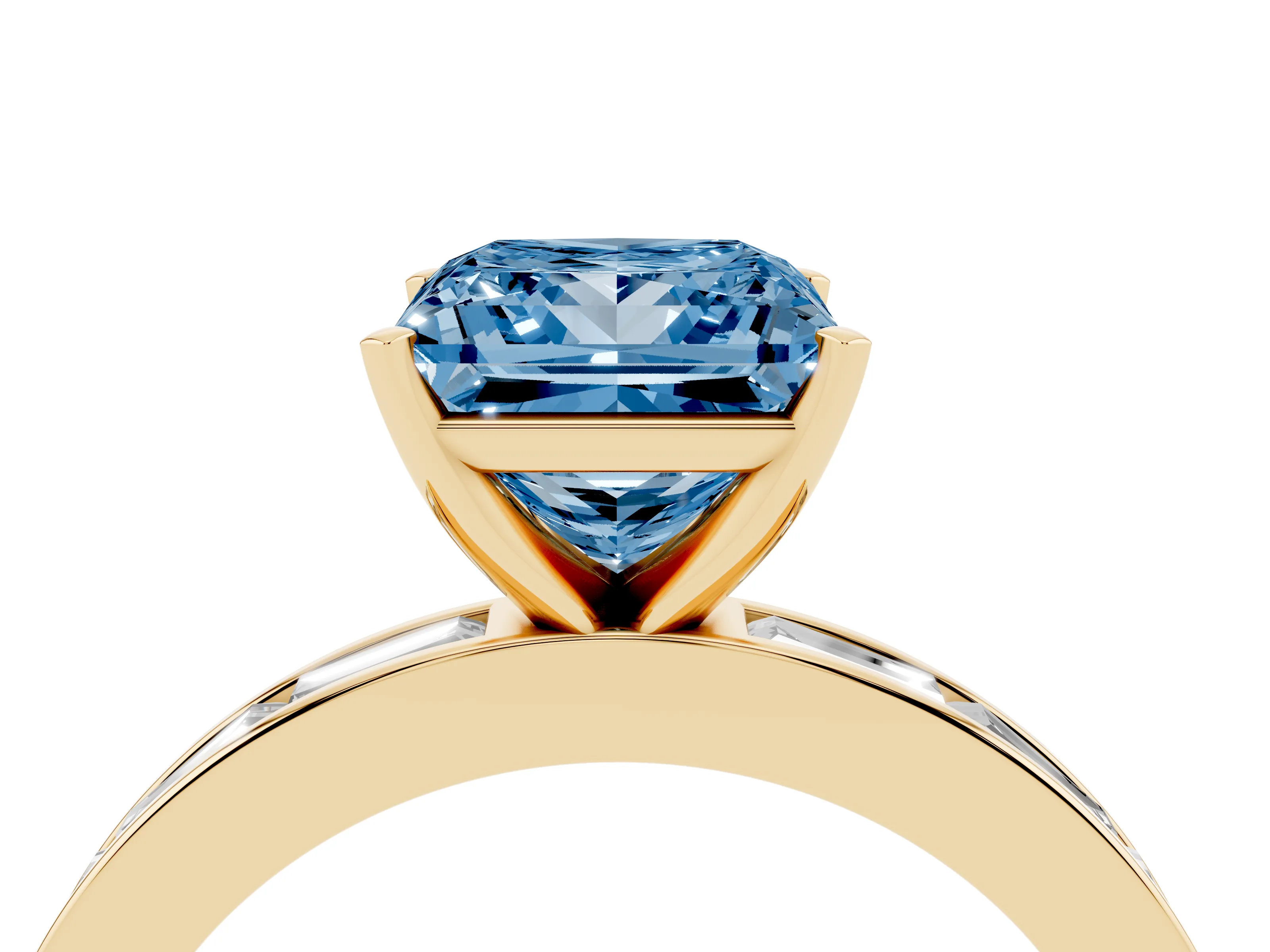 Fancy Blue Princess Cut Diamond Solitaire Ring Set in Yellow gold with Channel-Set Baguette Band and Prong Setting