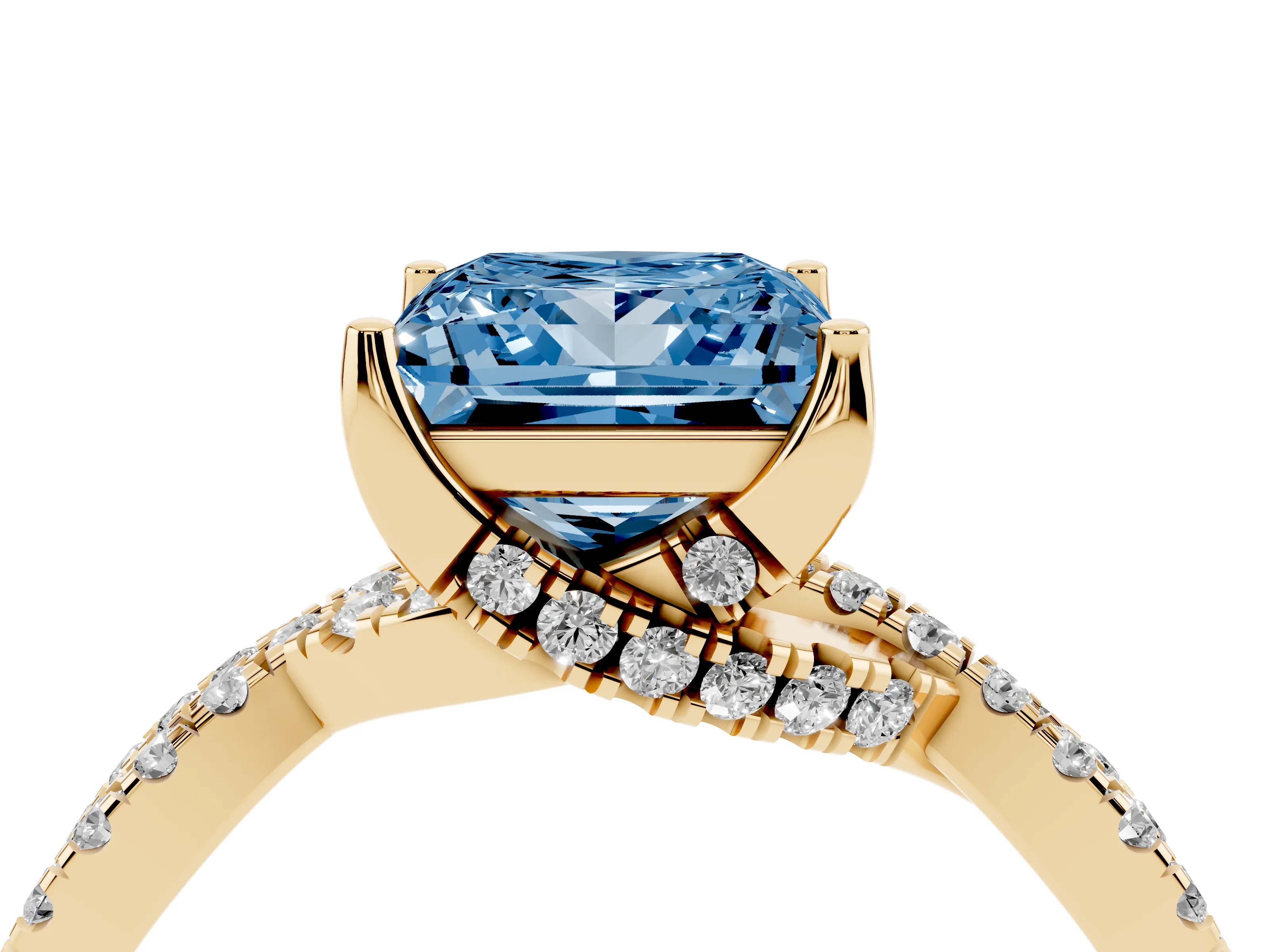 Fancy Blue Princess Cut Diamond Twist Pavé Solitaire Engagement Ring Set in Yellow gold with Prong Setting