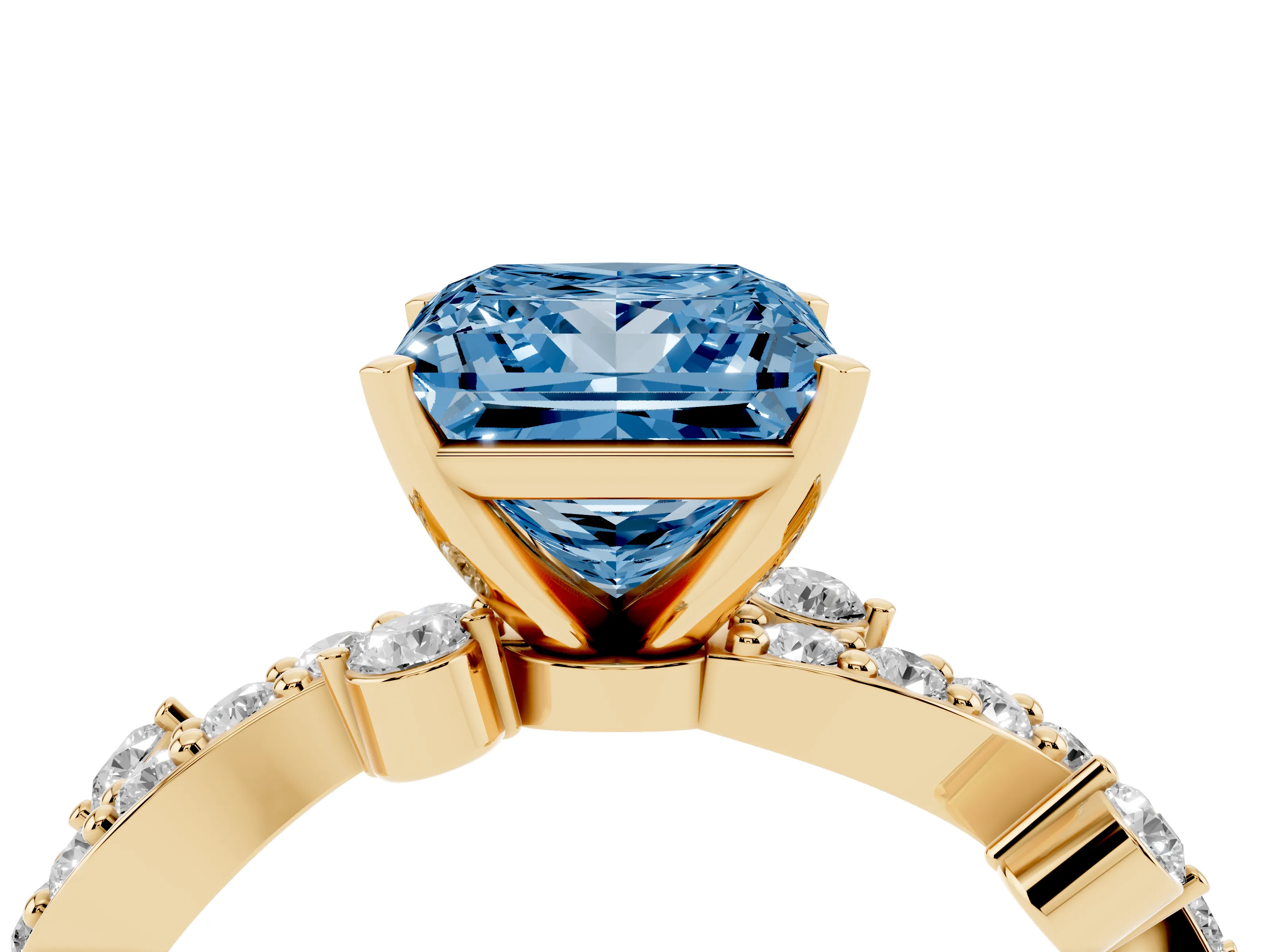 Fancy Blue Princess Cut Diamond Solitaire Twisted Band Set in Yellow gold with Pavé Setting