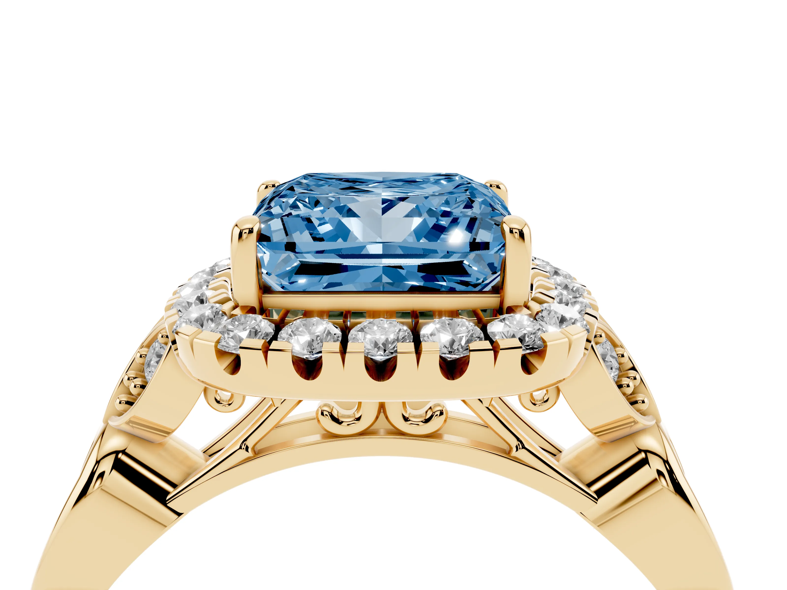 Fancy Blue Princess Cut Diamond Halo Engagement Ring Set in Yellow gold with Vintage-Inspired Band and Prong Setting