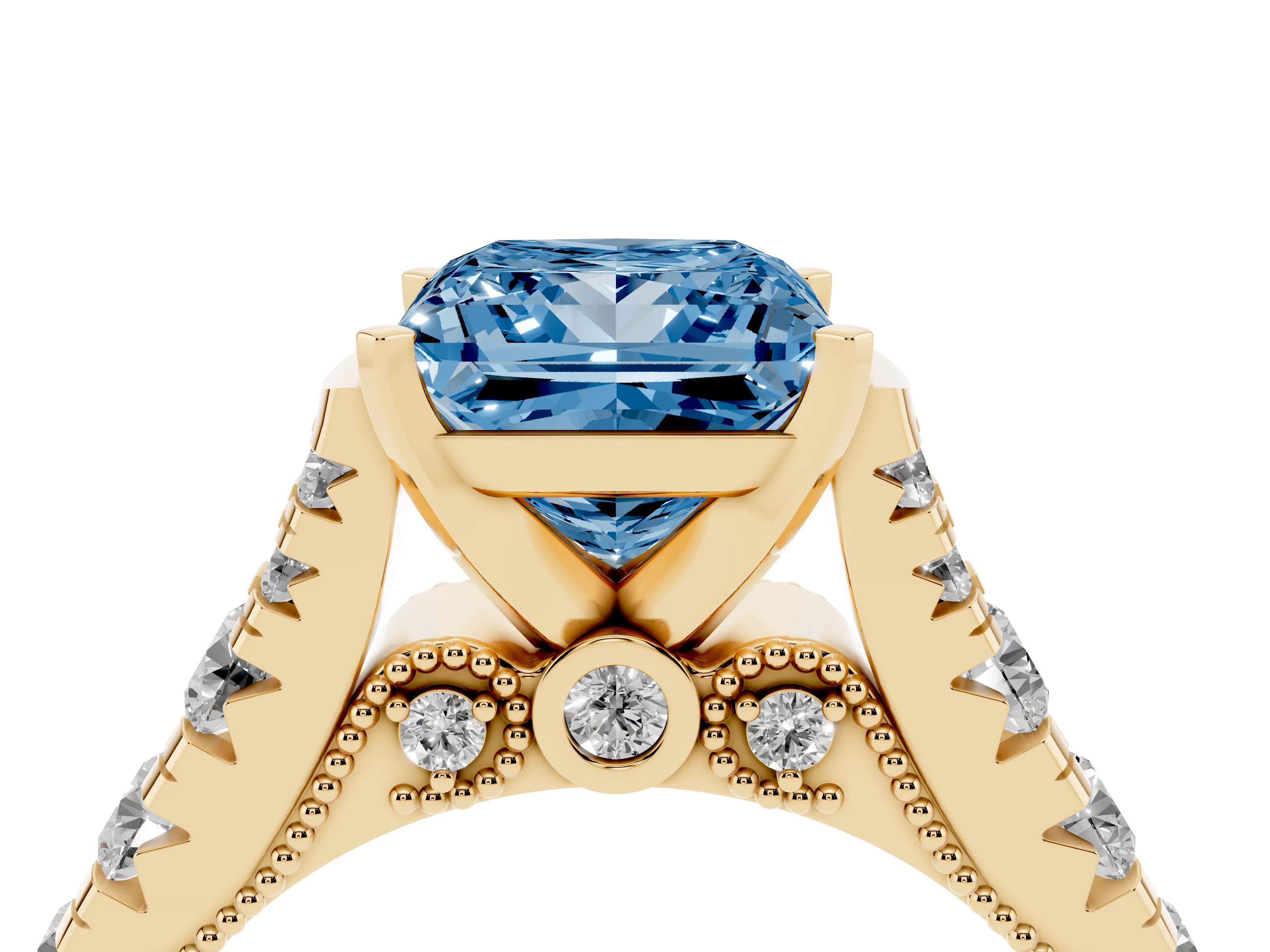 Fancy Blue Princess Cut Diamond Classic Solitaire Ring Set in Yellow gold with Pavé Band and Prong Setting